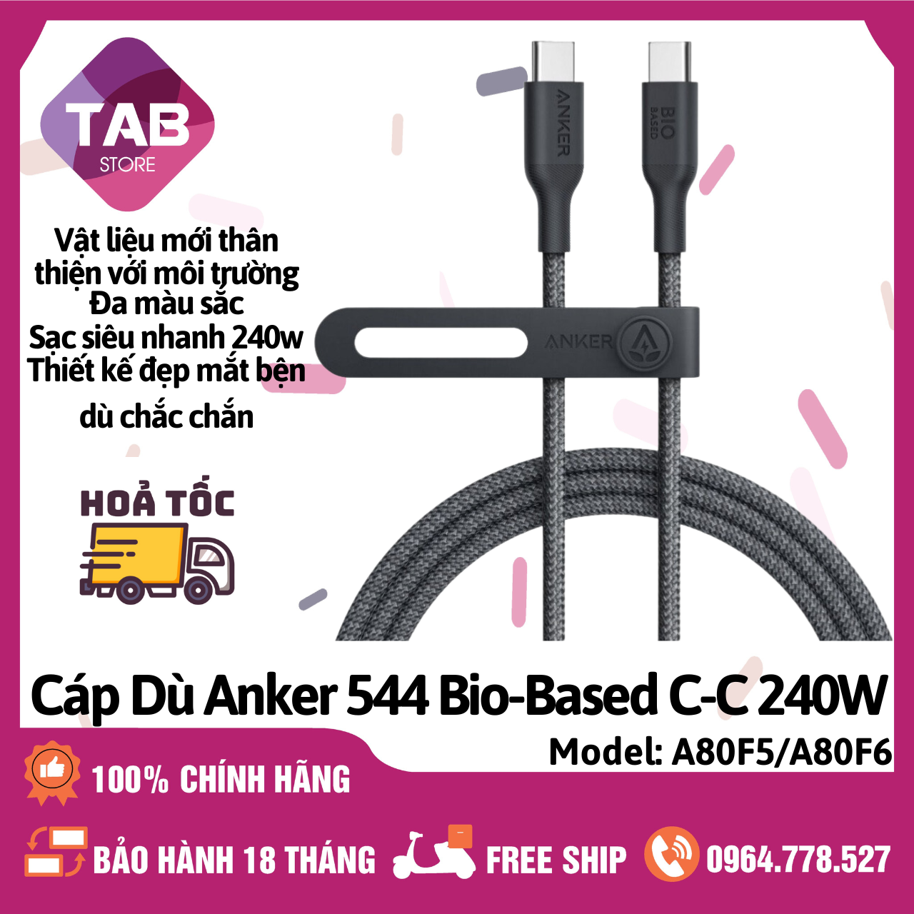 Cáp Dù Anker 544 (Bio-Based) C-C 240W A80F5/A80F6 - Bảo Hành 18 Tháng