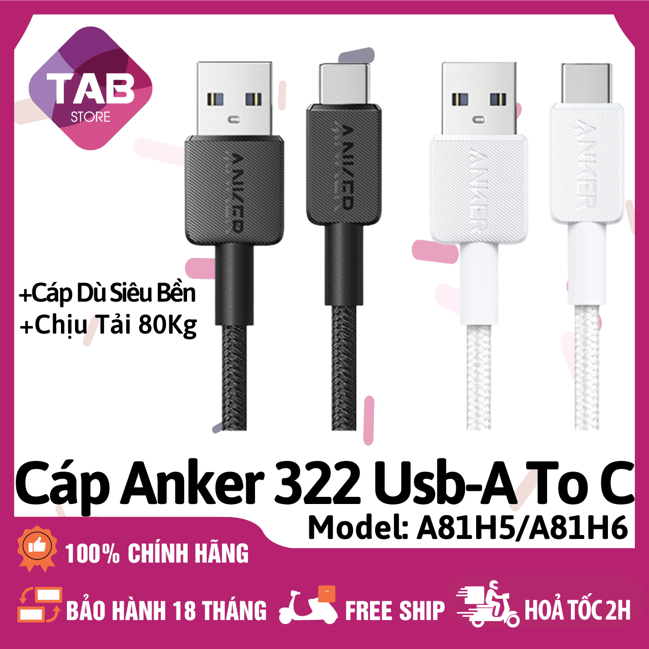 Cáp Anker 322 Usb-A To C 0.9m 1.8m Chính Hãng - A81H5 A81H6 (Bảo Hành 18T