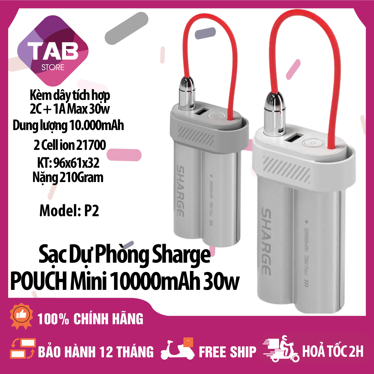 Sạc Dự Phòng SHARGE Pouch Mini 10000mAh 30w Tích Hợp Cáp P2 - Bảo Hành 12 Tháng
