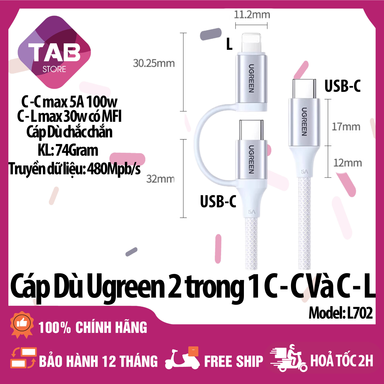 Cáp Dù Ugreen 2 Trong 1 C To C Và C To L 5A 100w Có MFI L702  - Bảo Hành 12 Tháng - Trắng 1M