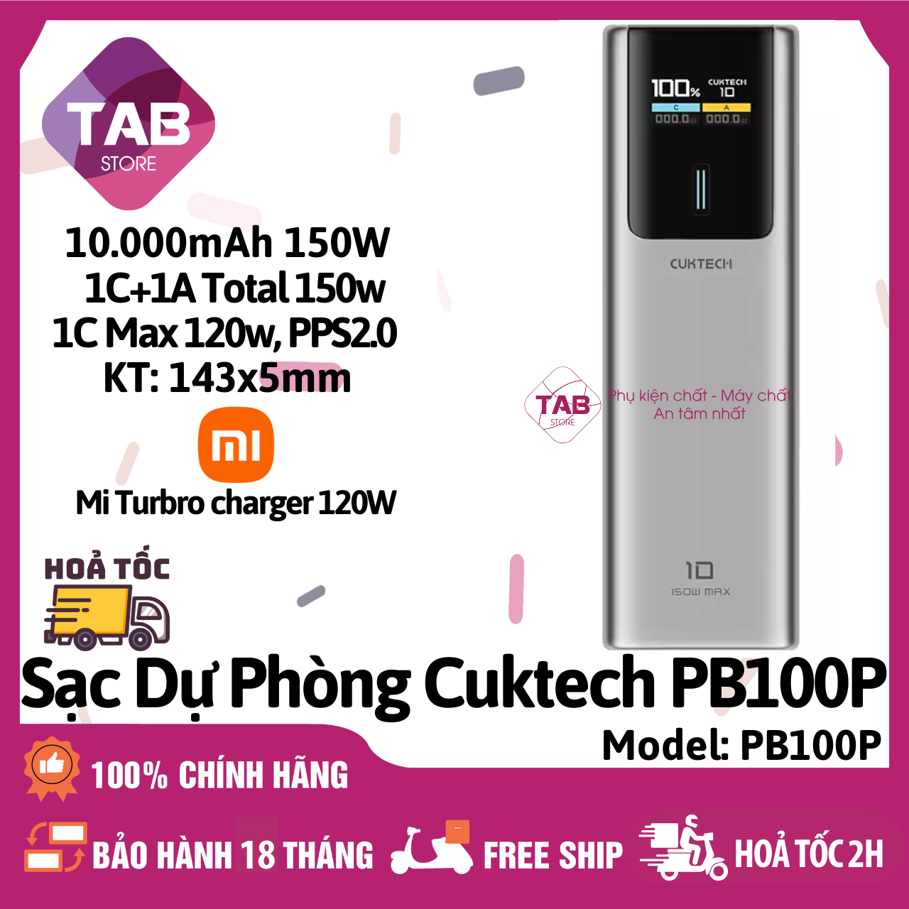 Sạc Dự Phòng Cuktech PB100P 10000mAh 1C1A 150W PD 3.0 PPS5A QC Mi Turbro Charger 120W - Chính Hãng