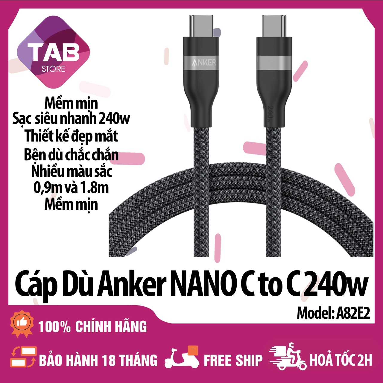 Cáp Dù Anker C To C 240w Mềm Mịn A82E2 - Bảo Hành 18 Tháng