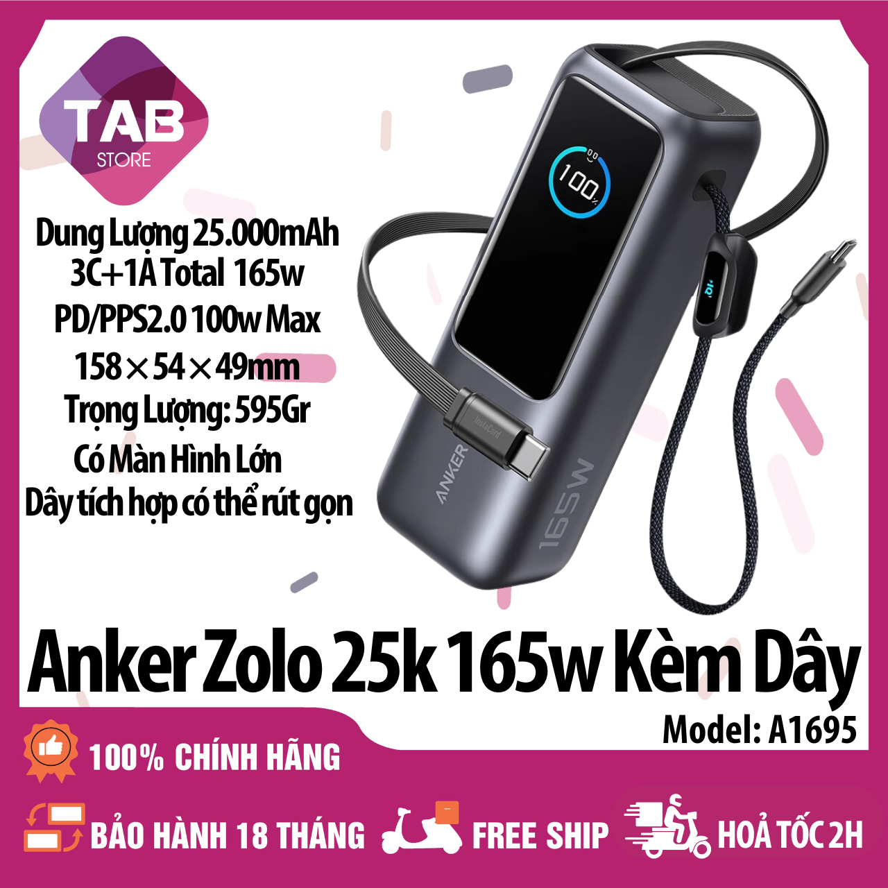 Sạc Dự Phòng Anker Zolo 25000mAh 165W Tích Hợp Cáp Rút Gọn A1695 - Bảo Hành 18 Tháng
