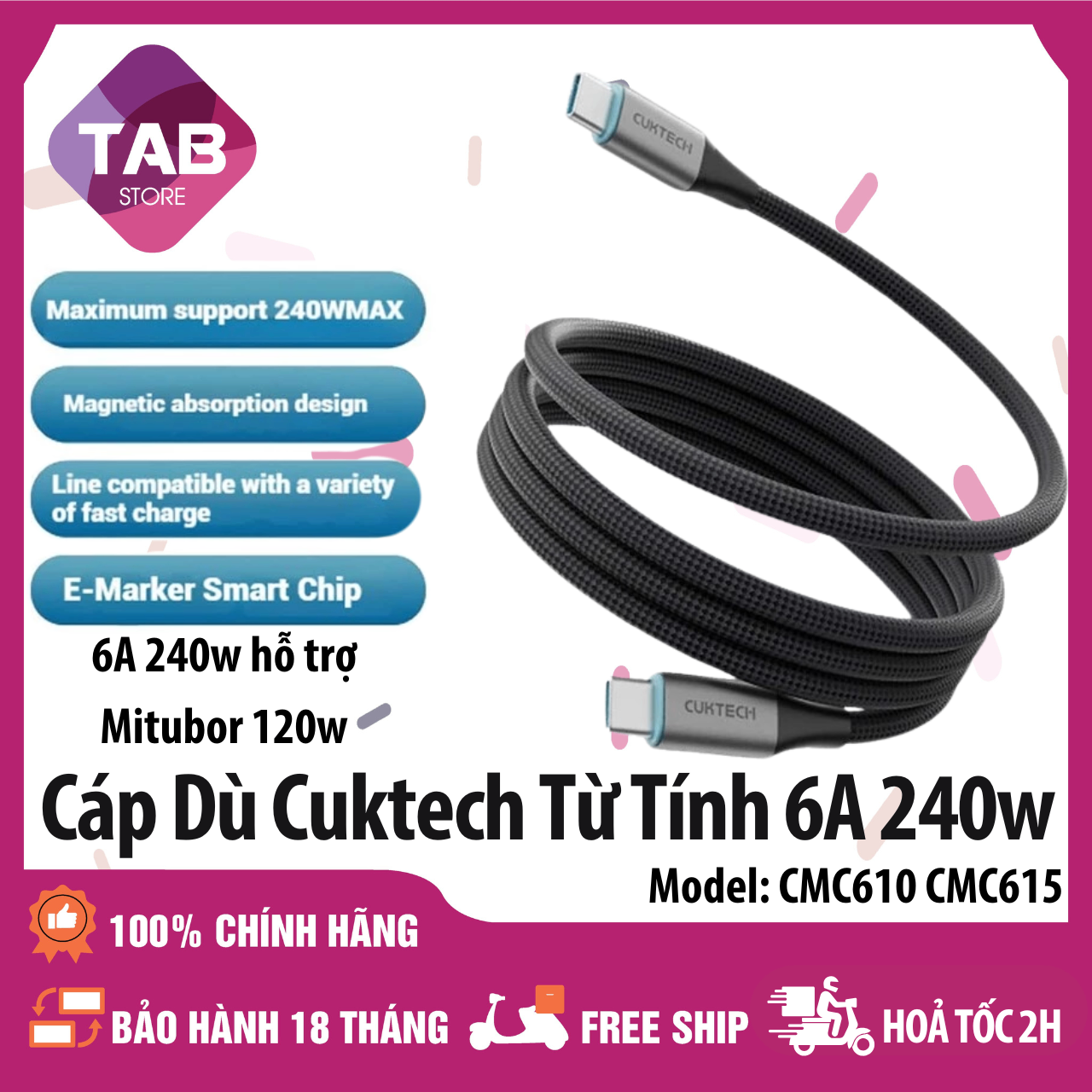 Cáp Dù Cuktech Hít Từ Tính C To C 6A 240w Hỗ Trợ Mi Turbro CMC610 - Bảo Hành 12 Tháng