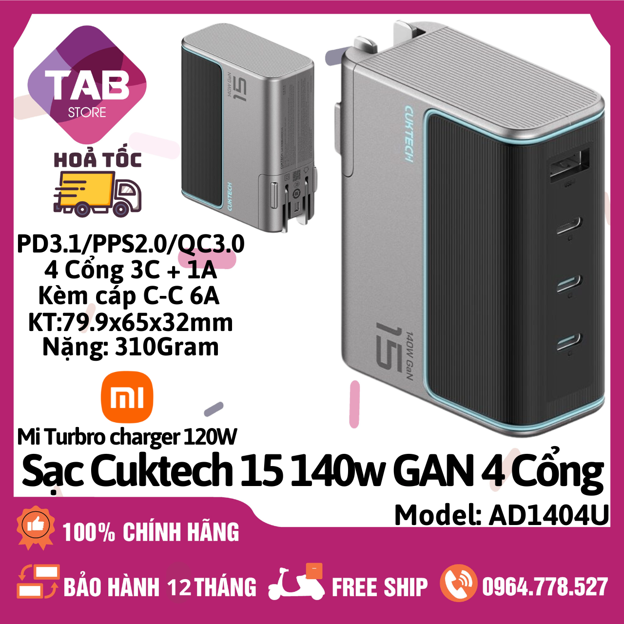 Sạc Cuktech 15 140w 4 Cổng (3C+1A) Mi turbro 120W PD3.1/PPS2.0/QC AD1404U - Bảo Hành 12 Tháng