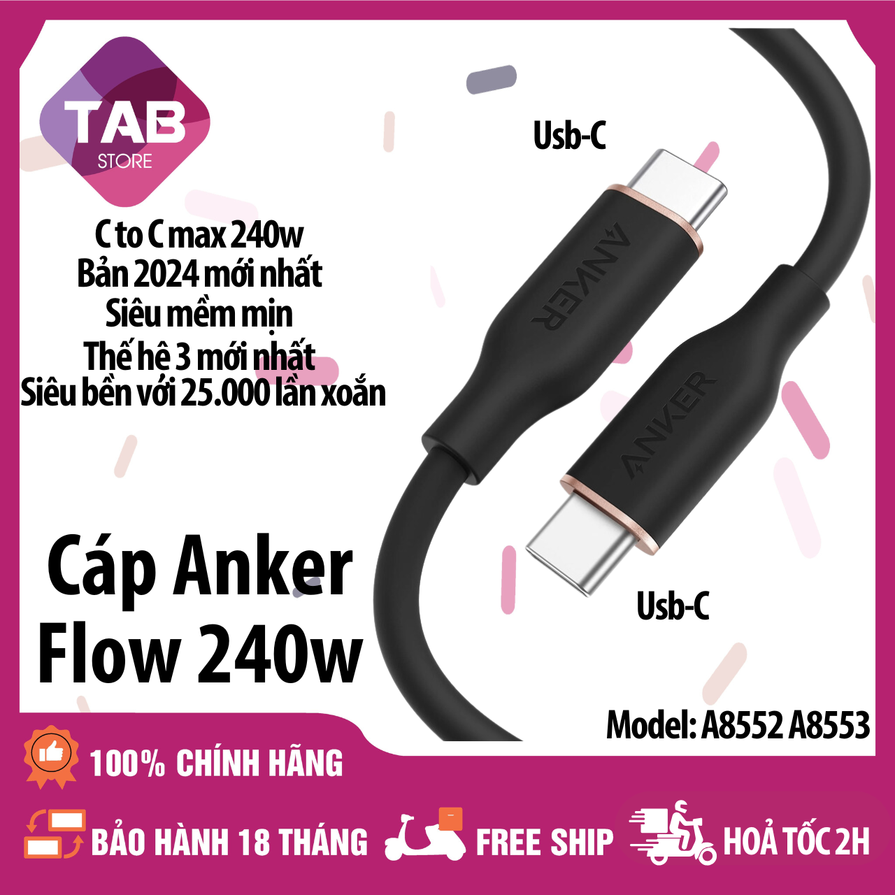 Cáp Anker PowerLine 3 FLOW C To C (A8552/A8553) - Bảo Hành 18T