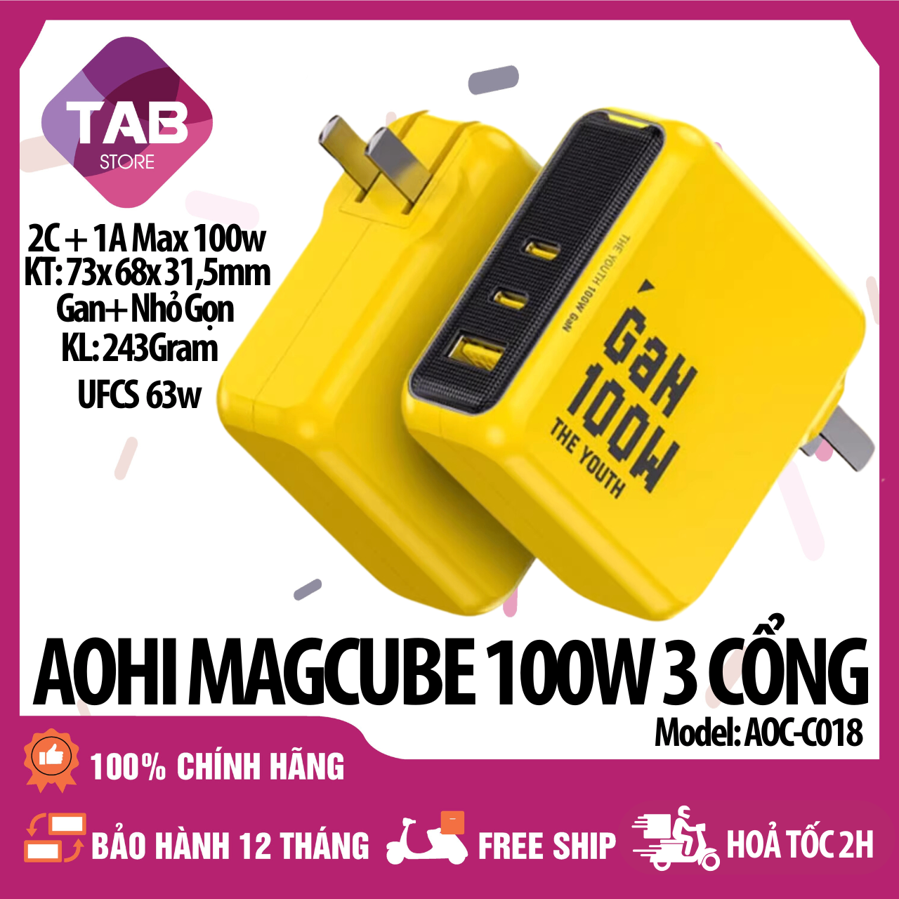 Củ Sạc Aohi The Youth 100w 3 Cổng PD/PPS/QC4 Chính Hãng AOC-C018  - Bảo Hành 12 Tháng