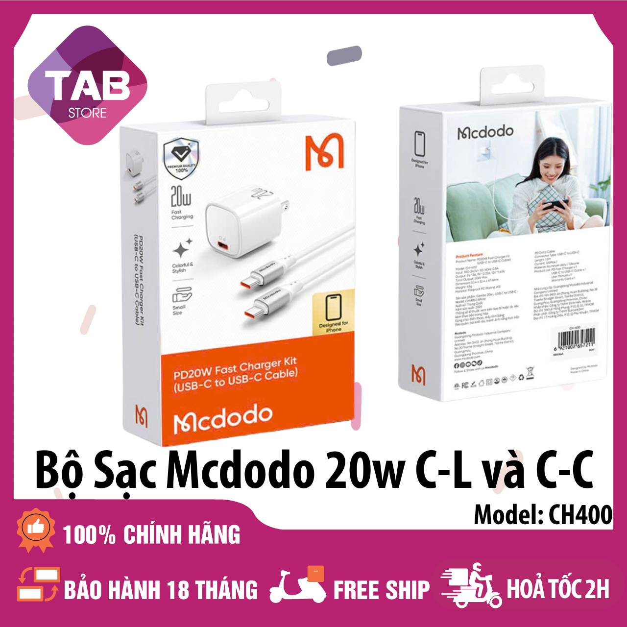 Combo Sạc Mcdodo 20w 1 Cổng Siêu Nhỏ - CH400 (Bảo Hành 12 Tháng)