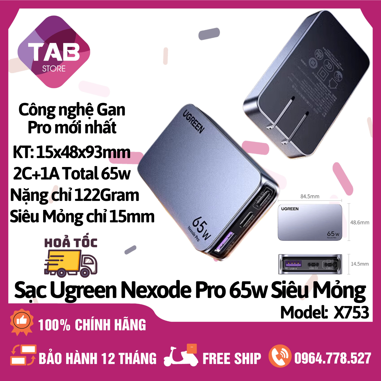 Sạc UGREEN 65W Nexode GaN Pro 3 Cổng X753 Siêu Mỏng Chính Hãng - Bảo Hành 12 Tháng
