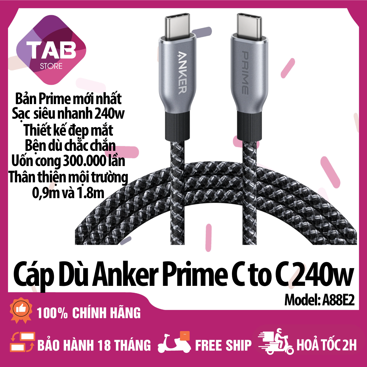 Cáp Dù Anker Prime C To C 240w Siêu Bền Siêu Bền Với 300.000 Lần Uốn Cong A88E2 - Bảo Hành 18 Tháng