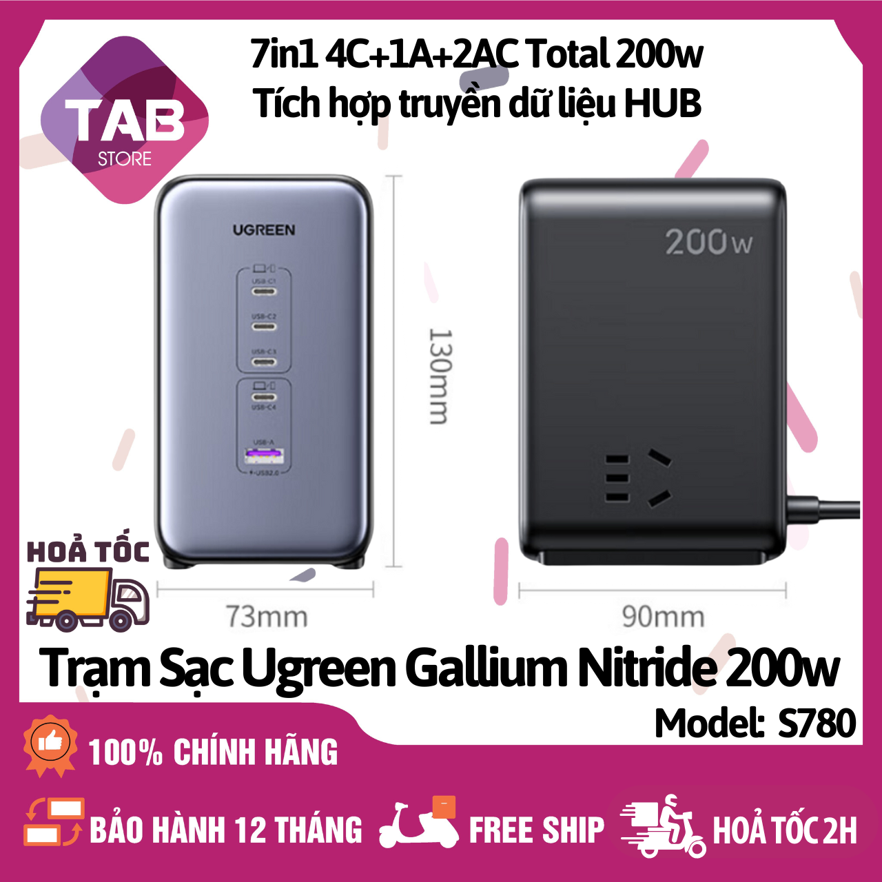 Trạm Sạc UGREEN Gallium Nitride 200w Diginest GaN Power Strip 7 Cổng 4C+1A+2AC S780 - Bảo Hành 12 Tháng