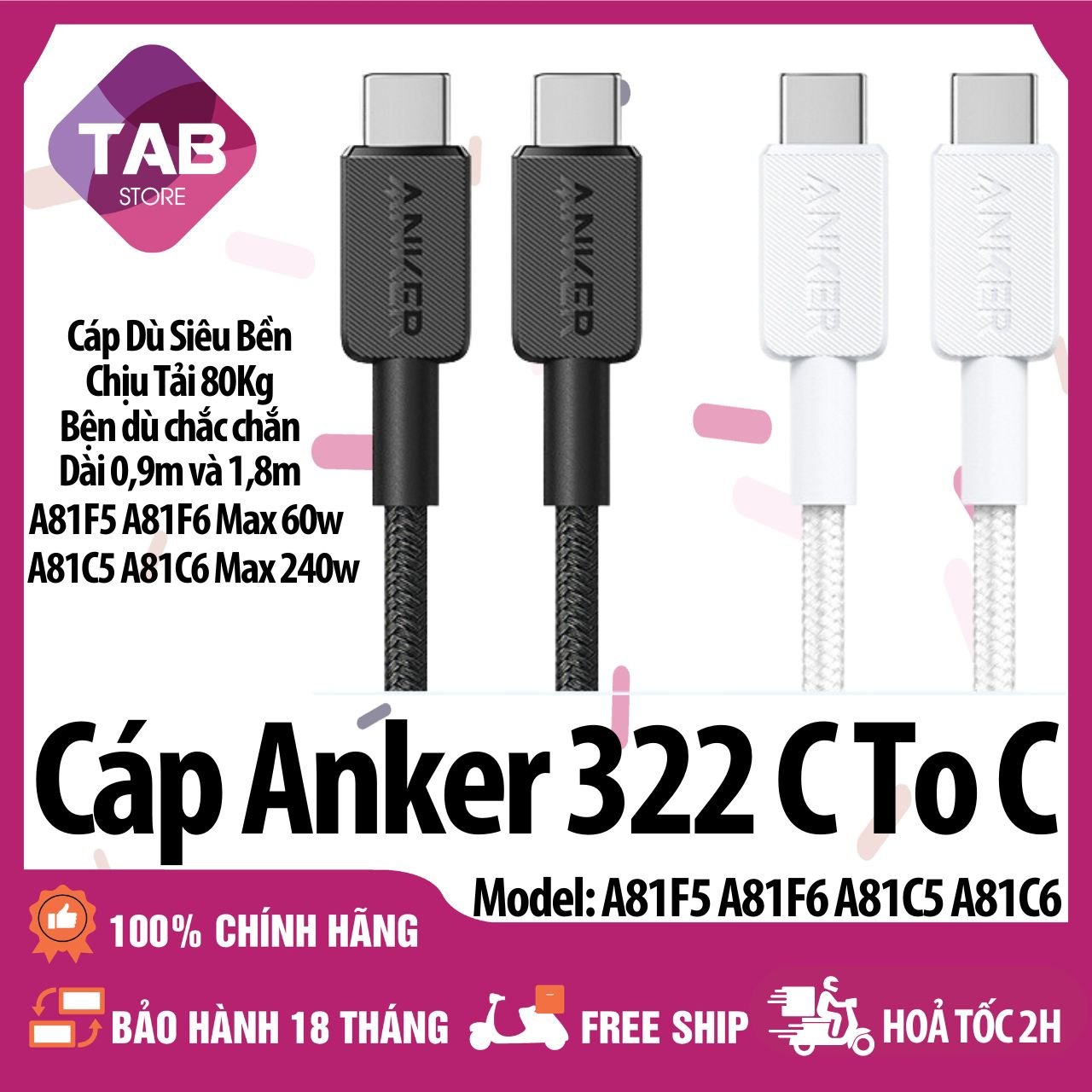 Cáp Anker 322 C To C 0.9m 1.8m Chính Hãng - A81F5 A81F6 A81C5 A81C6 (Bảo Hành 18T)