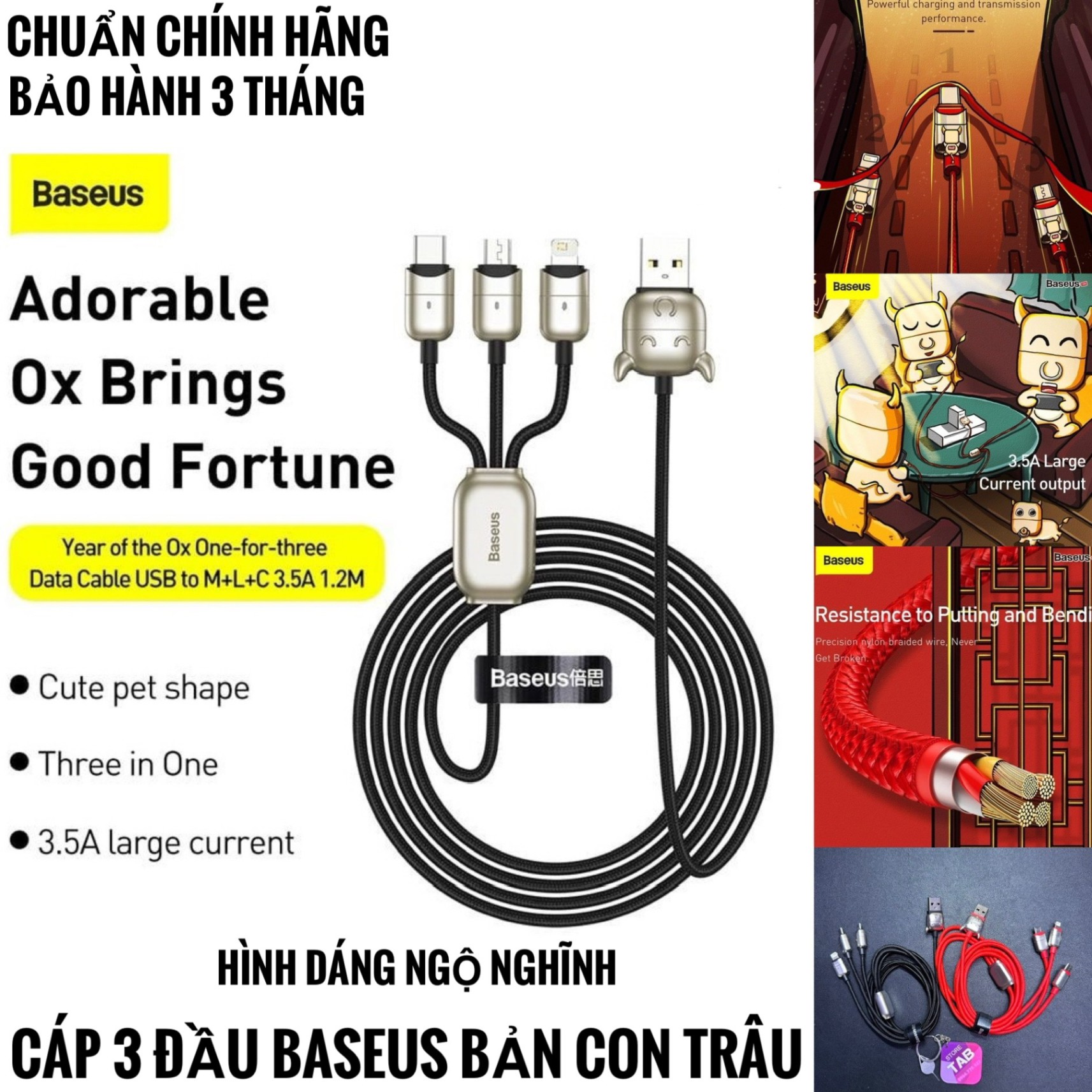 Cáp Dù Baseus 3 Đầu Bản Hình Trâu Đặc Biệt 3.5A Chính Hãng - Bảo hành 3 Tháng