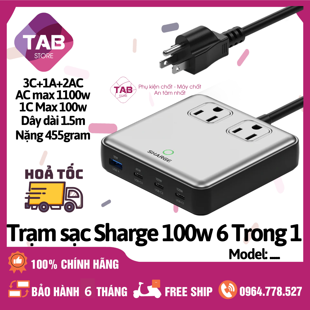 Trạm Sạc Sharge Shargeek 100w 6 Trong 1 AC 1100w 2AC + 3C + 1A - P1710B