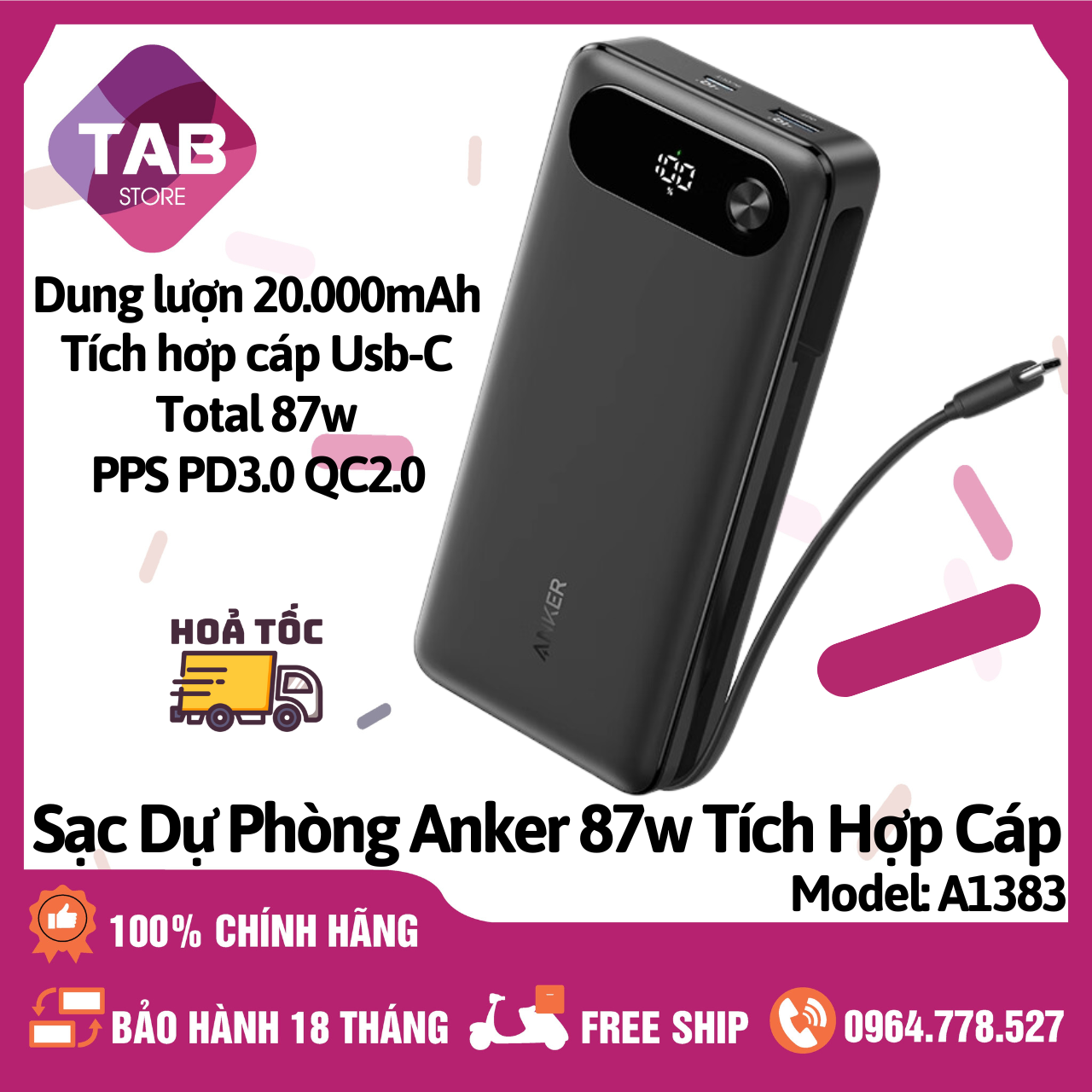 Sạc Dự Phòng Anker 20.000mAh 87w Tích Hợp Cáp - A1383 (Bảo Hành 18 Tháng) - Đen