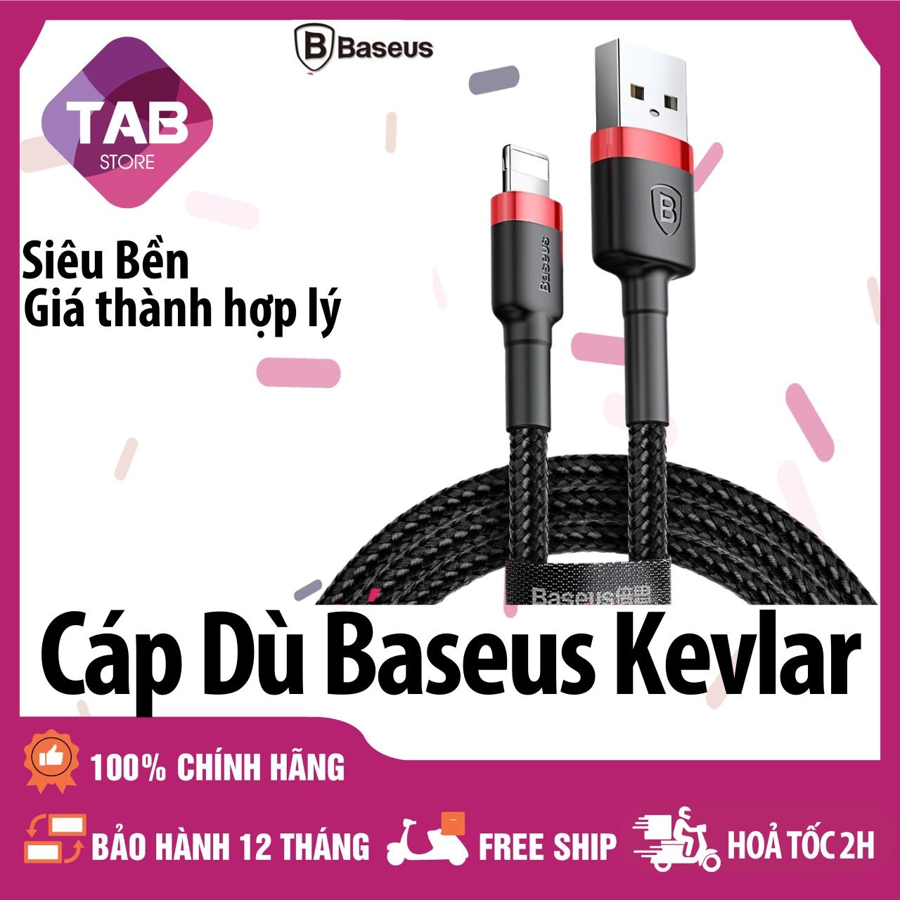 Cáp Dù Baseus Kevlar 0,5m 1m 2m Lightning Chính Hãng