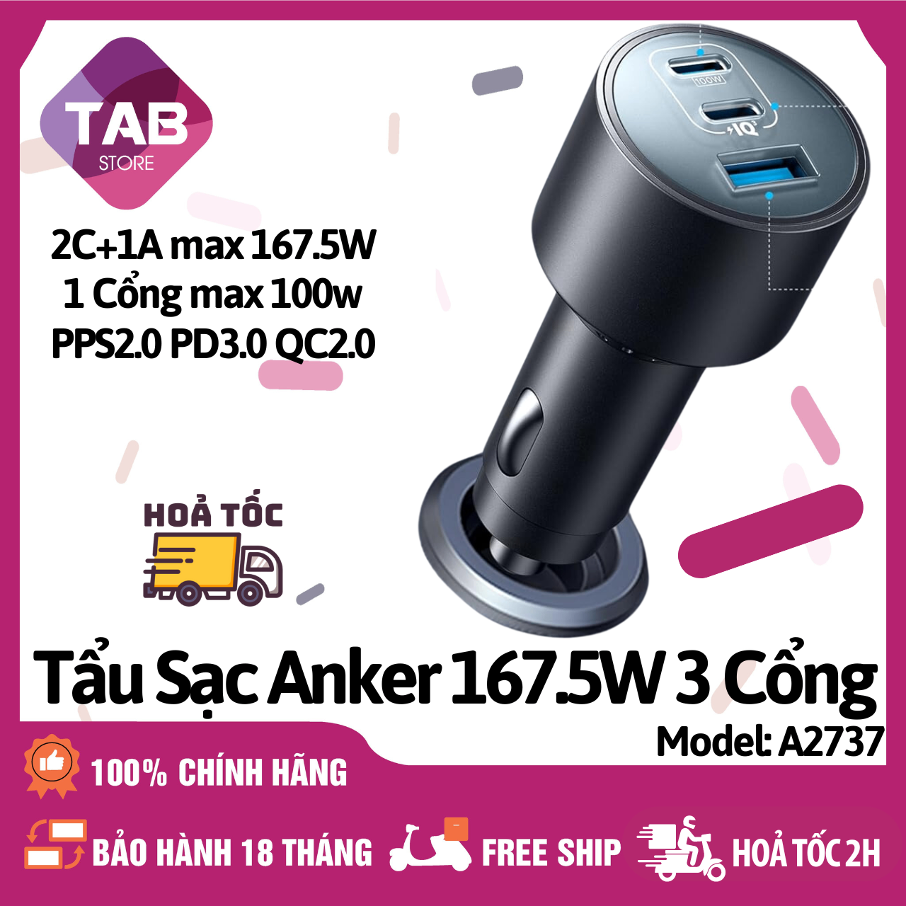 Tẩu Sạc Nhanh Anker 167.5w 3 Cổng PD/PPS2.0/QC3.0  A2737 - Bảo Hành 18 Tháng - A2737 Đen Xám