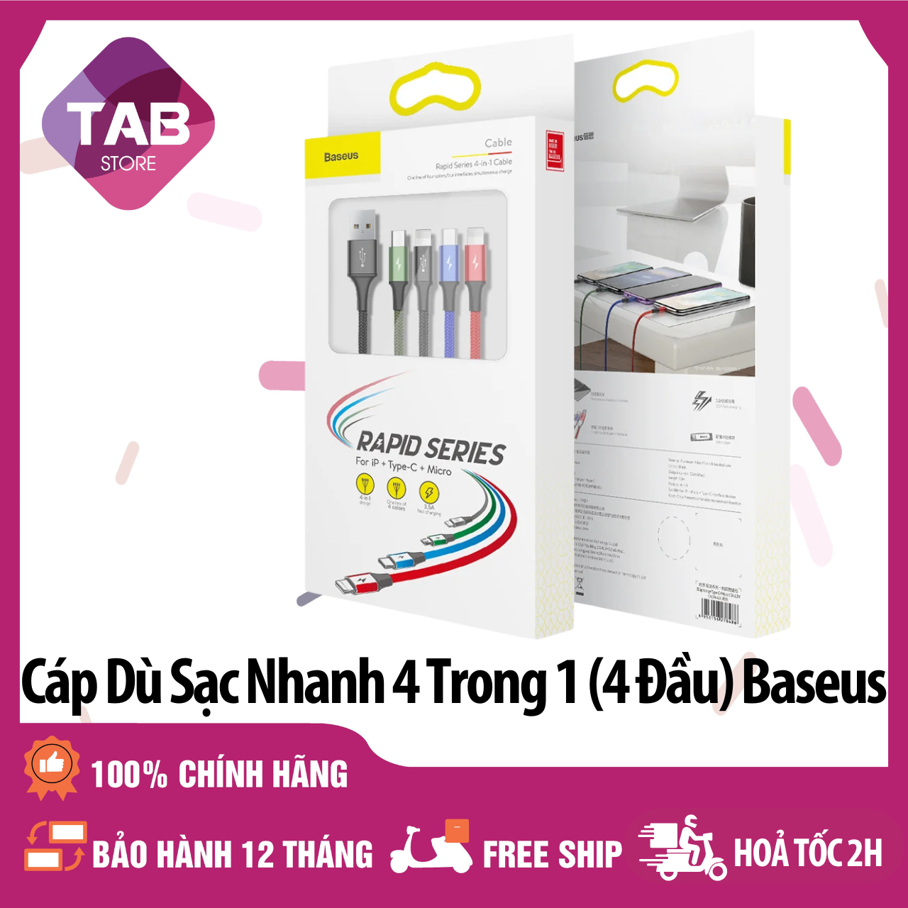 Cáp Dù Sạc Nhanh 4 Trong 1 (4 Đầu) Baseus Chính Hãng -  Bảo Hành 12 Tháng
