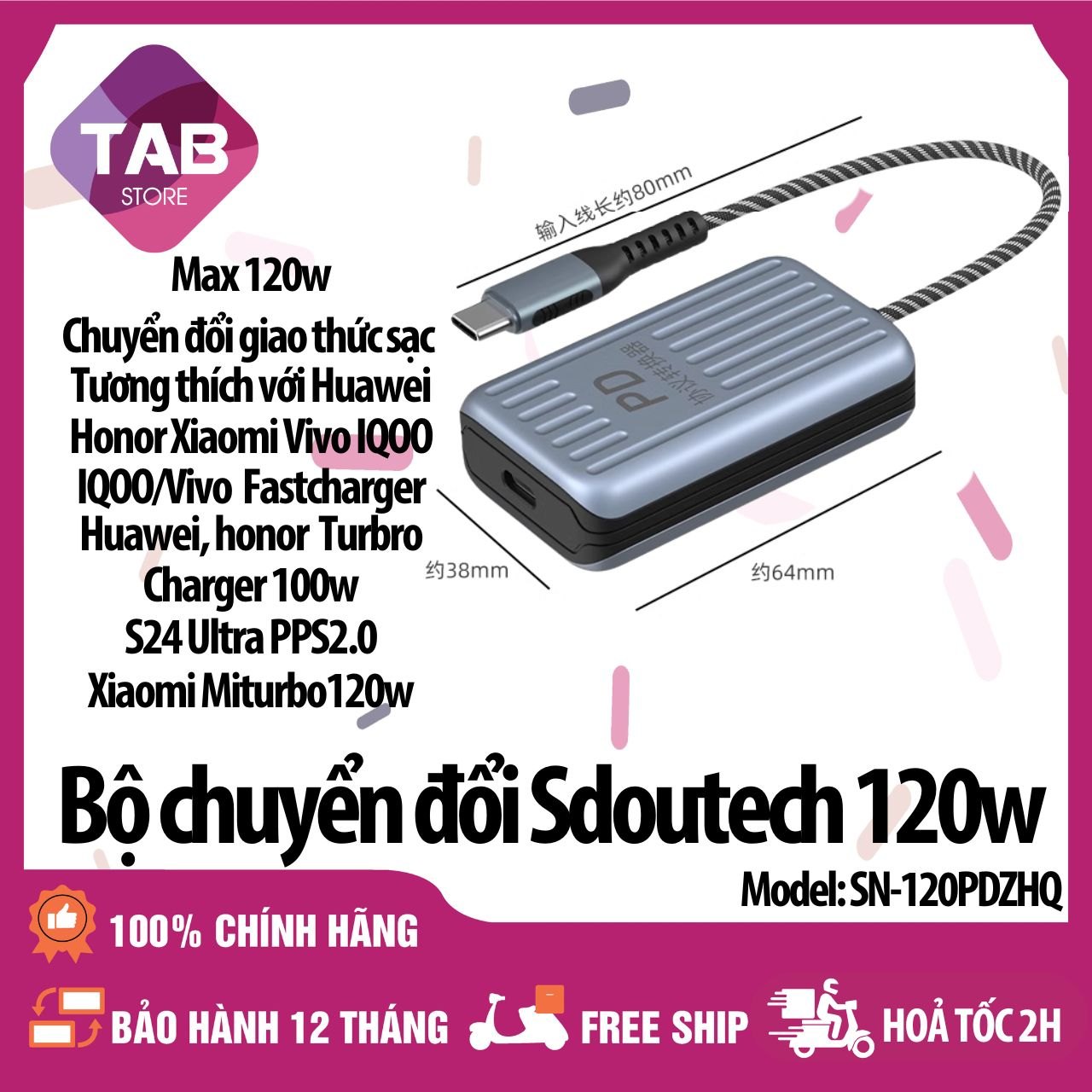 Bộ Chuyển Đổi Sdutech 120w Chuyển Đổi Giao Thức Sạc Xiaomi, Huawei, Honor, Vivo, IQOO... - Bảo Hành 12 Tháng