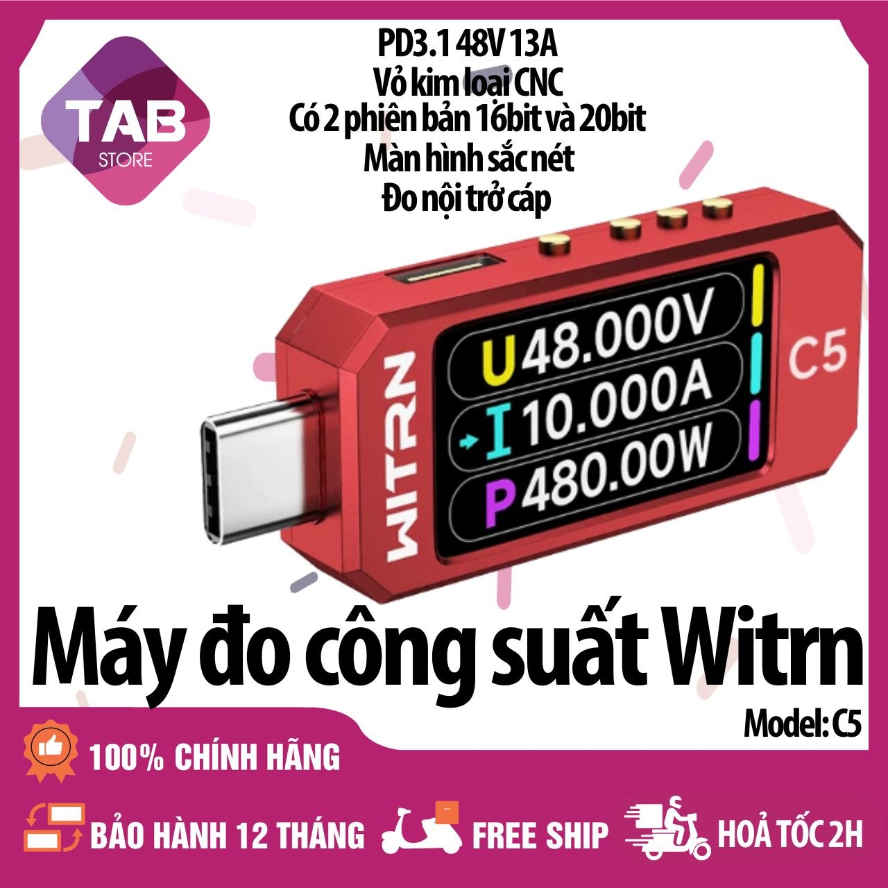 Máy Đo Công Suất WITRN C5 PD3.1 48V 13A | USB-C E-Marker+ - Bảo Hành 12 Tháng