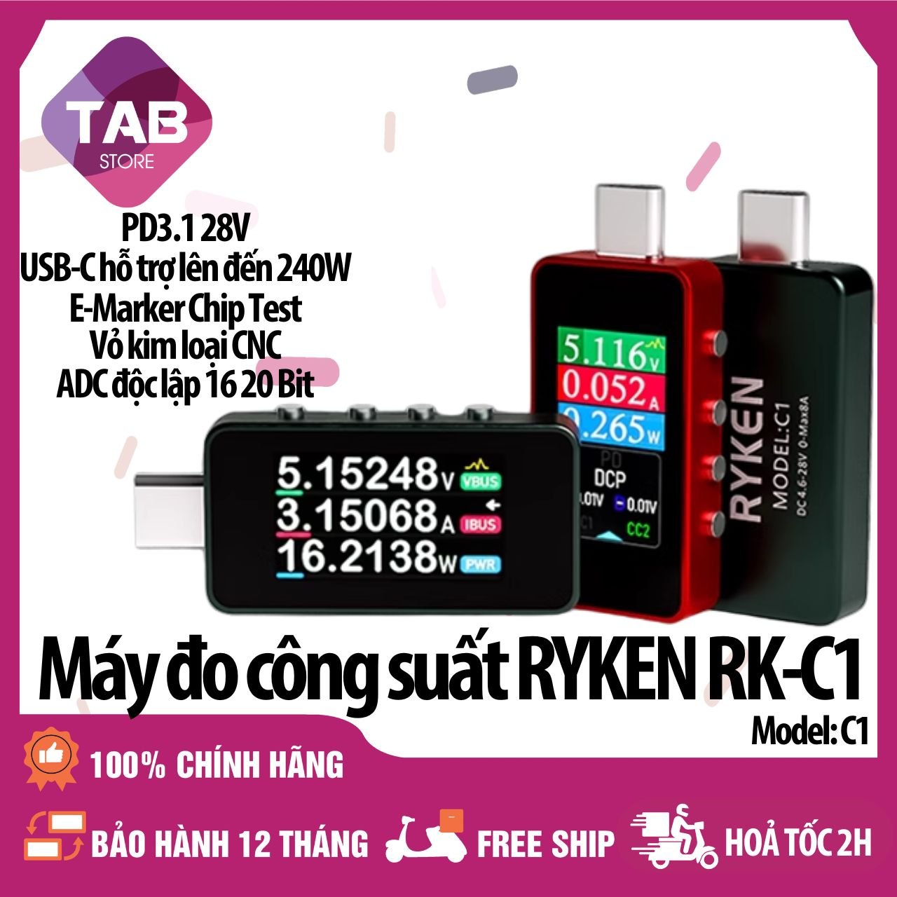 Máy Đo Công Suất RYKEN RK-C1 PD3.1 28V | USB-C 240W- E-Marker - Bảo Hành 12 Tháng