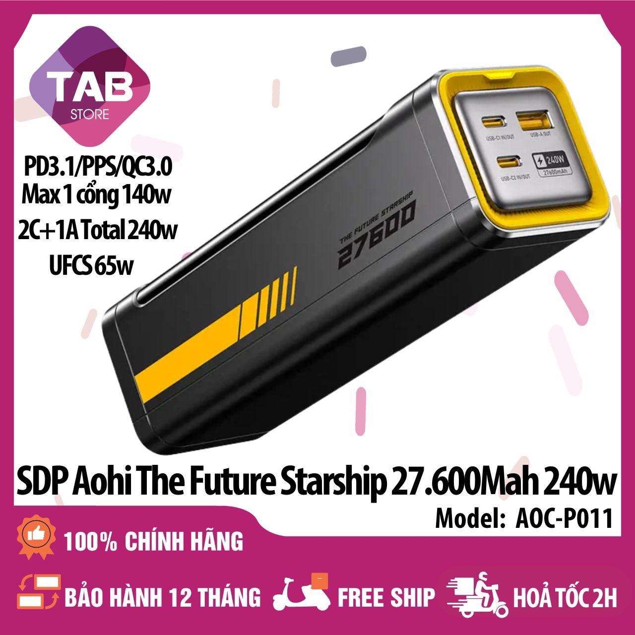 Sạc Dự Phòng Aohi Future Starship 27600mAh 240W 2C1A PD3.1 140W PPS 100W UFCS 63W QC SCP AOC-P011 - Bảo Hành 12 Tháng