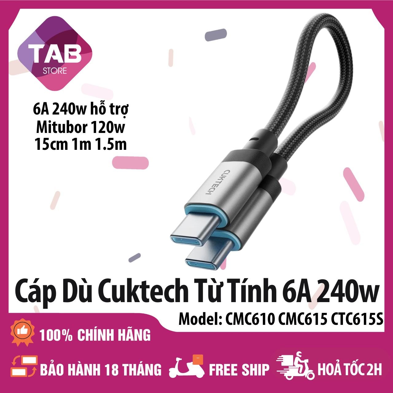 Cáp Dù Cuktech Ngắn Hít Từ Tính C To C 6A 240w Hỗ Trợ Mi Turbro CMC610 CMC615 CTC615S - Bảo Hành 18 Tháng - Đen 0.15M 6A 240w