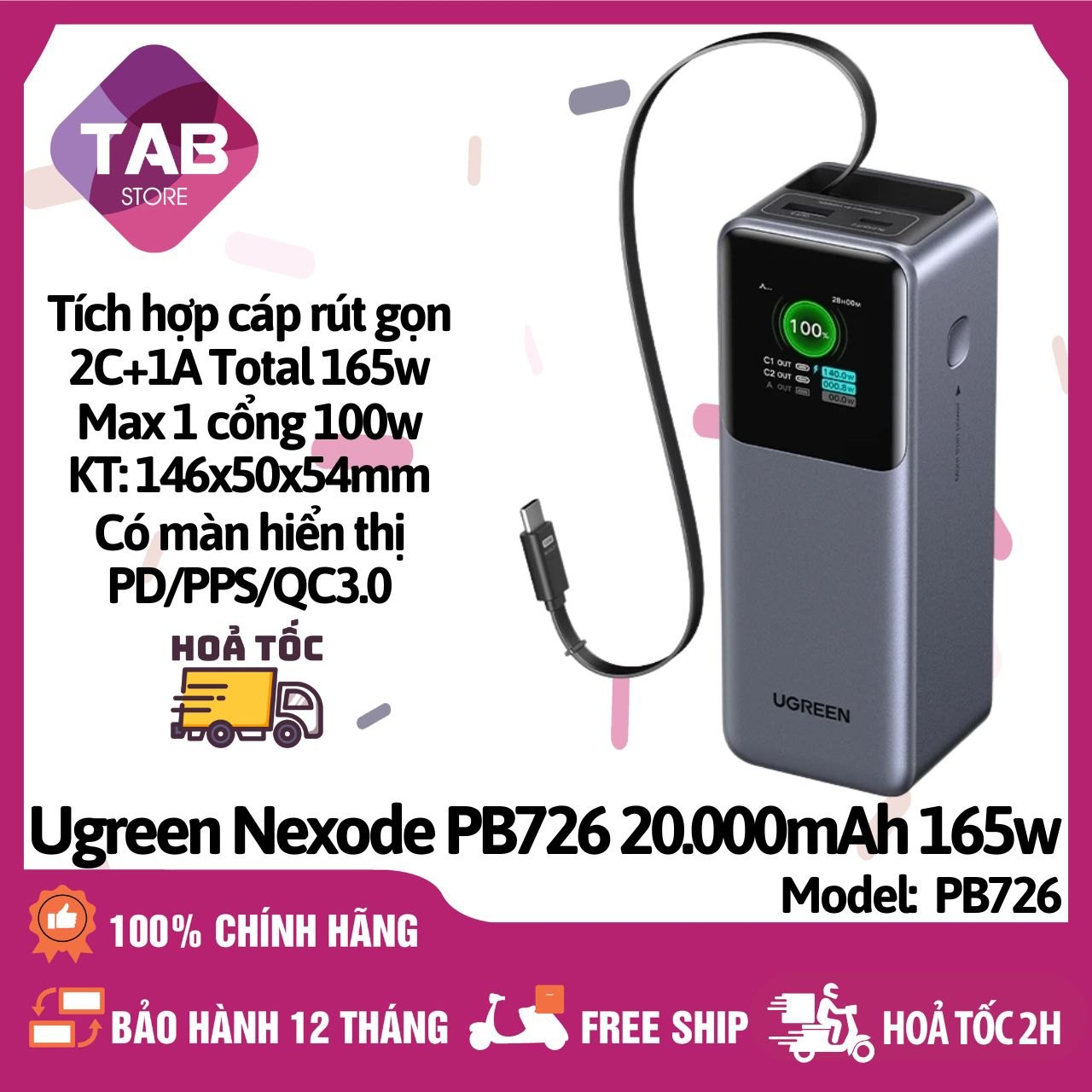 Sạc Dự Phòng UGREEN Nexode PB726 20000mAh 165W 3 Cổng Có Cáp Tích Hợp - Bảo Hành 12 Tháng - PB726 20000mAh