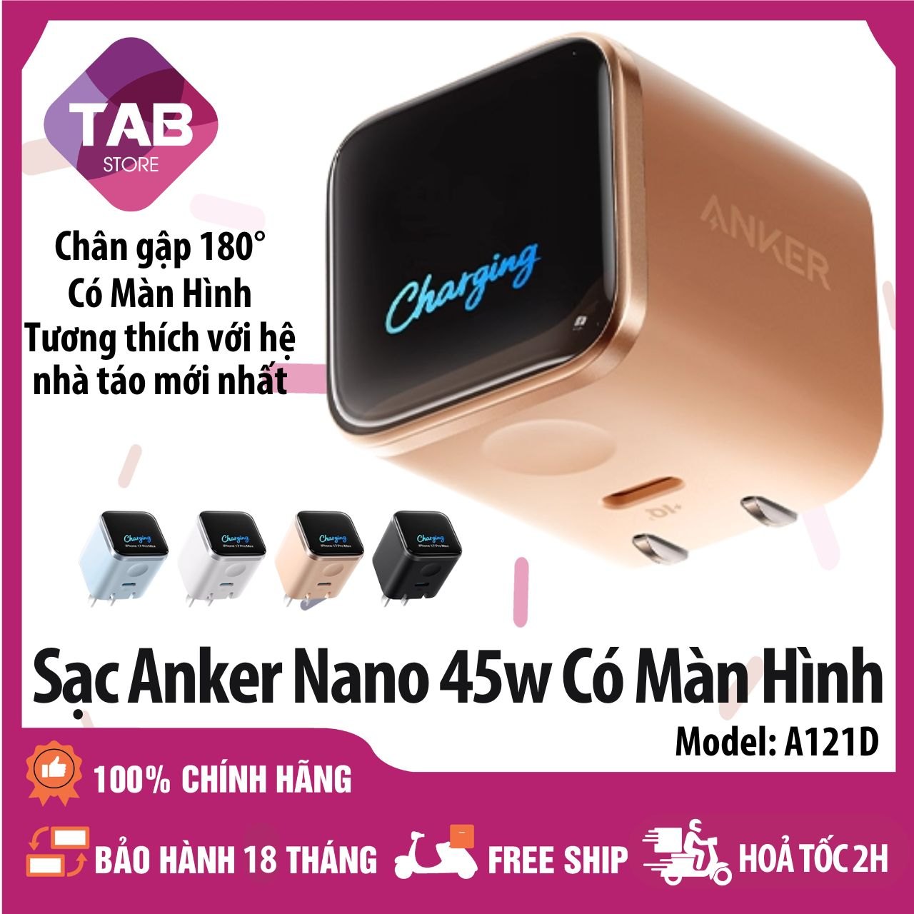 Sạc Anker Nano 45w 1 Cổng Có Màn Hình GAN PD/PPS2.0/QC A121D - Bảo Hành 18 Tháng