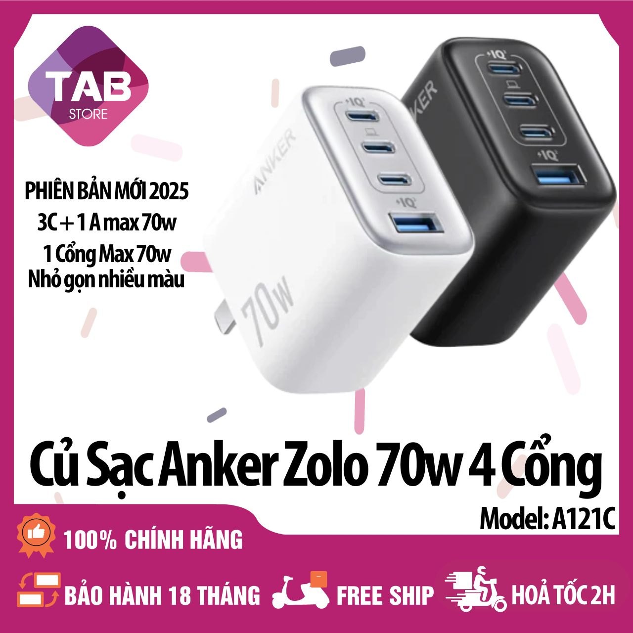 Củ Sạc Anker Zolo 70w 4 Cổng 3C+1A Nhỏ Gọn Nhiều Màu A121C - Bảo Hành 18 Tháng