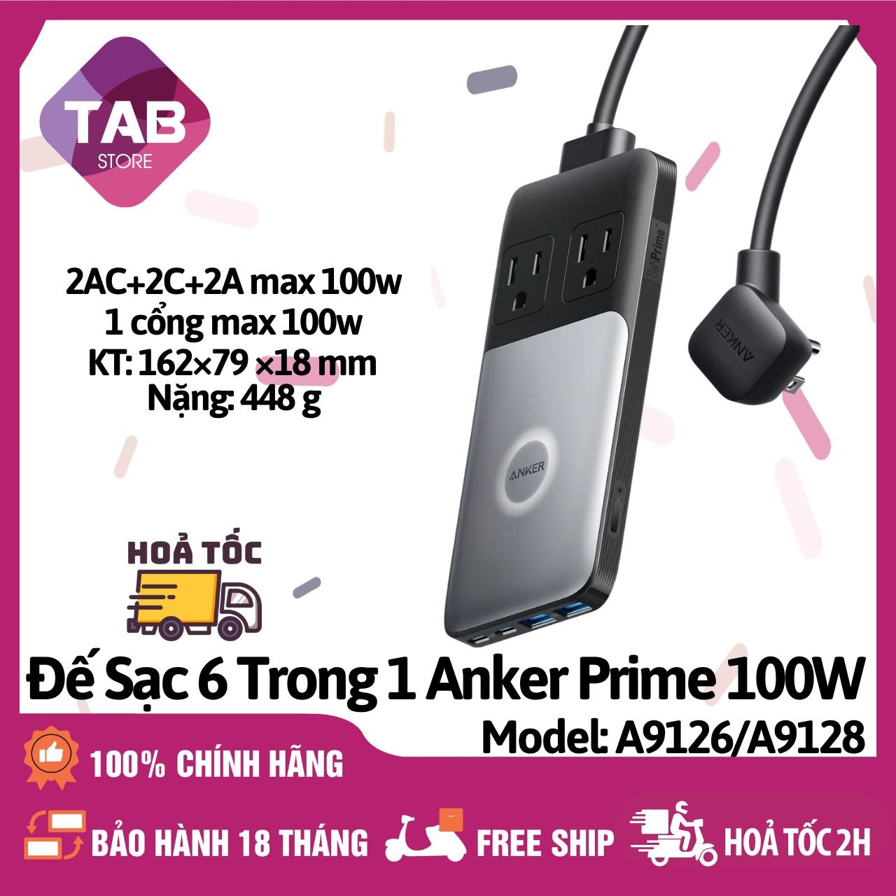 Đế Sạc 6 Trong 1 Anker Prime 100w [Gan Prime] PD3.0/IQ3.0/PPS2.0 2AC+2C+2A - A9126 A9128 (Bảo Hành 18 Tháng) - A9126 Đen