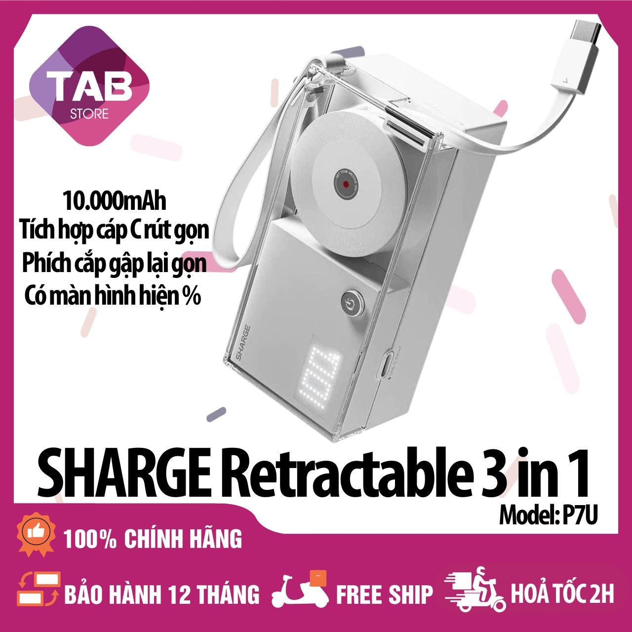 Sạc Sharge Retractable 3-in-1 2 Cổng C Cáp Tích Hợp Max 30W P7U - Bảo Hành 12 Tháng