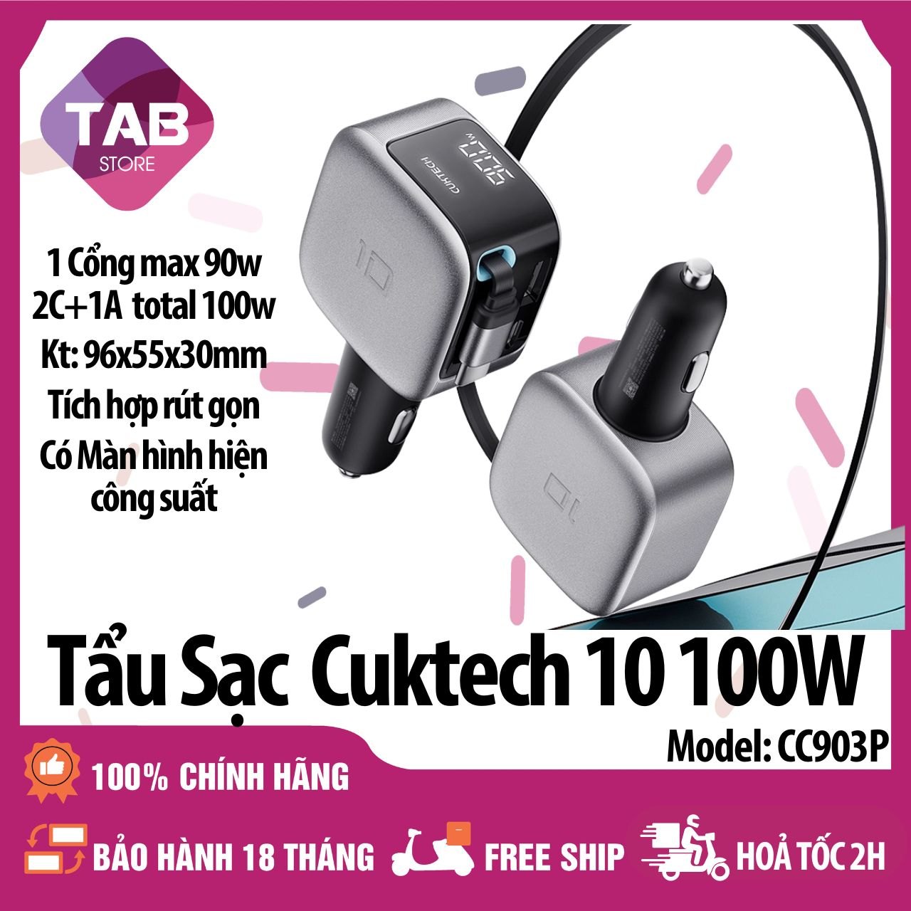 Tẩu Sạc Nhanh Cuktech 10 100w 3 Cổng Có Cáp Rút Gọn, Màn Hình CC903P - Bảo Hành 18 Tháng