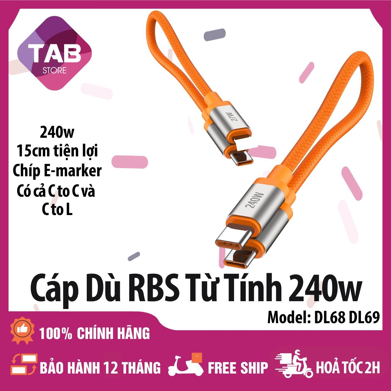Cáp Dù RBS Ngắn Hít Từ Tính C To C 240w C to L 27W DL68 DL69 - Bảo Hành 12 Tháng