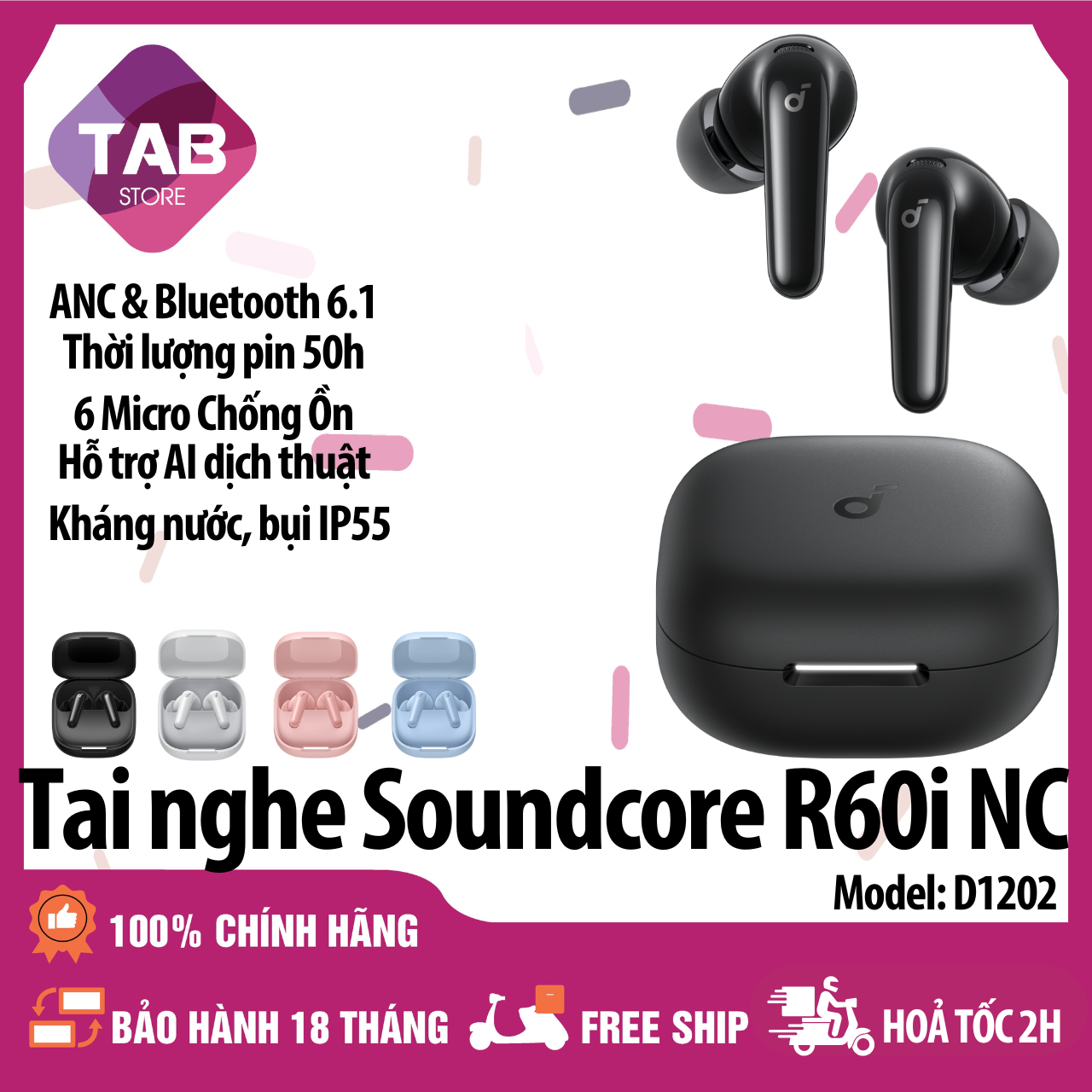 Tai Nghe Anker Soundcore R60I NC Chống ồn ANC Bluetooth 6.1 Dịch Thuật AI IP55 D1202 - Bảo Hành 18 Tháng