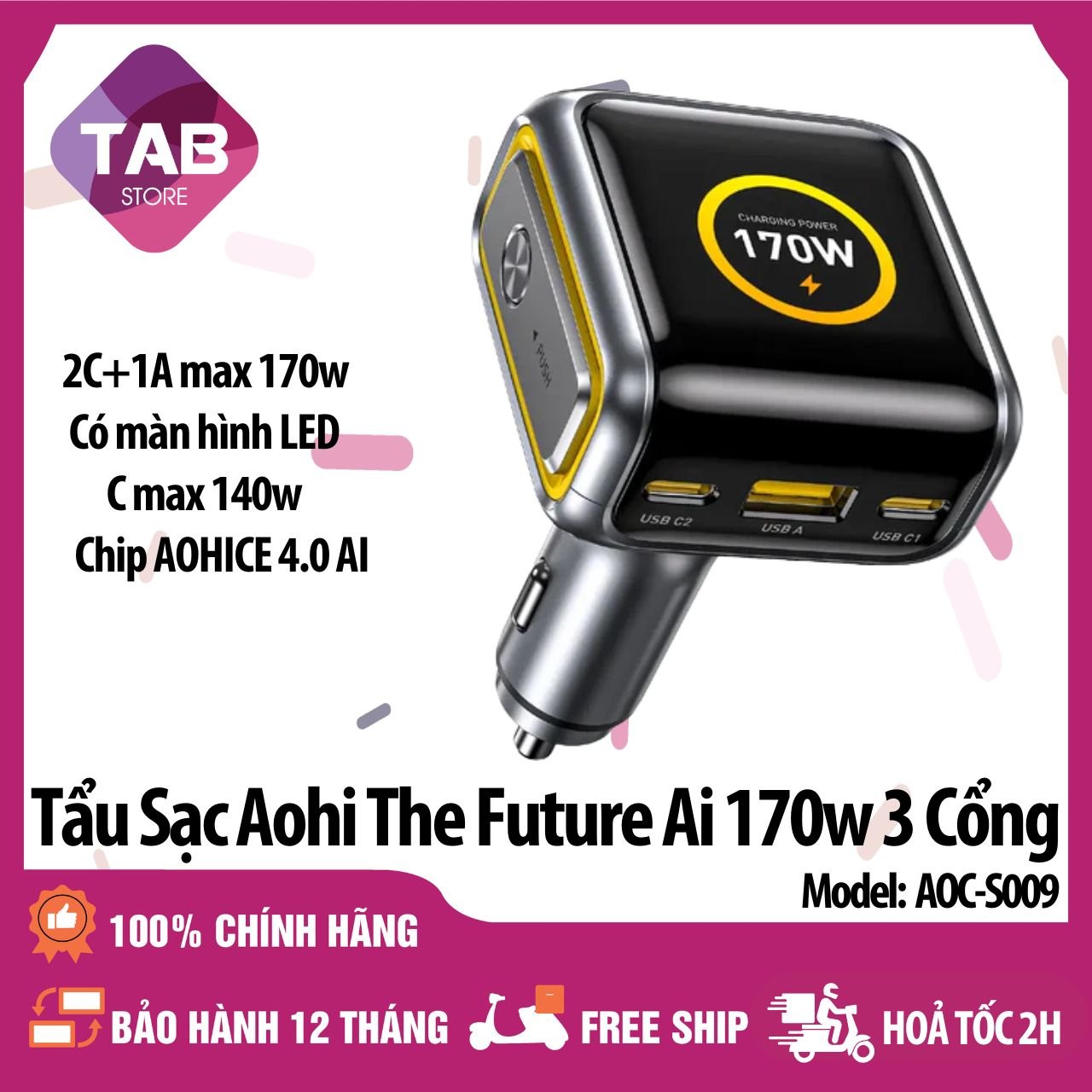 Tẩu Sạc Aohi The Future Ai Gan+ 170w 3 Cổng Màn Hình AOC-S009 - Bảo Hành 12 Tháng