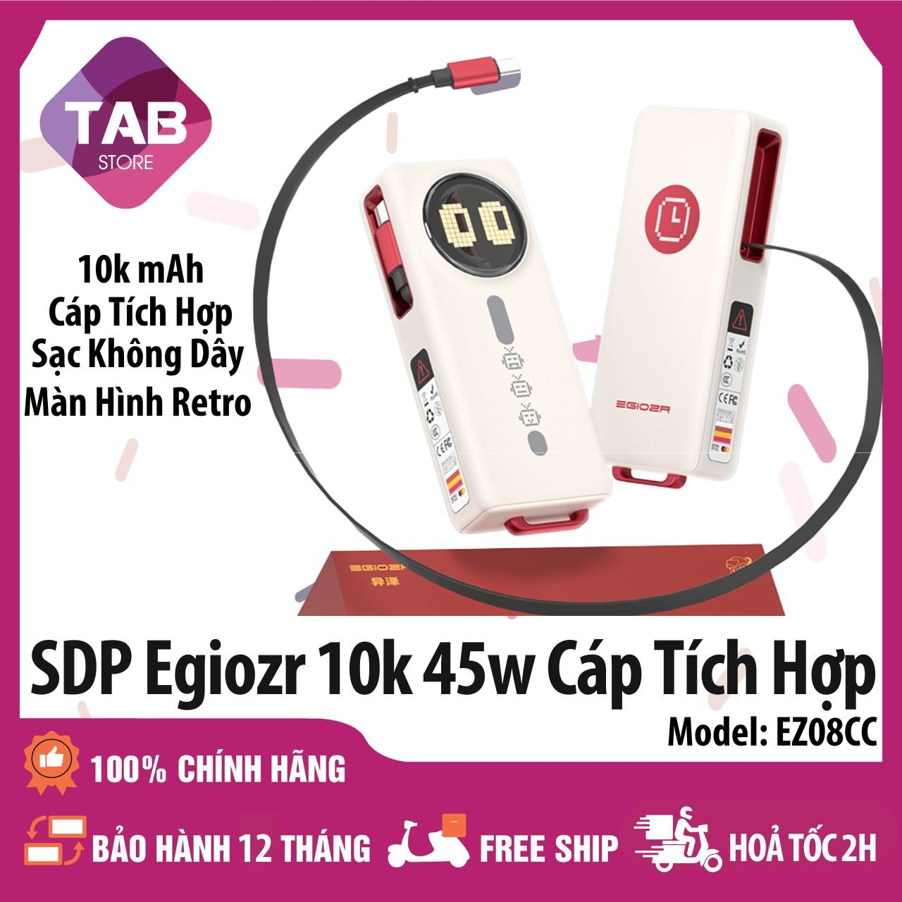 Sạc Dự Phòng Egiozr 10K 45w Cáp Tích Hợp, Màn Hình Retro, Sạc Không Dây EZ08CC - Bảo Hành 12 Tháng