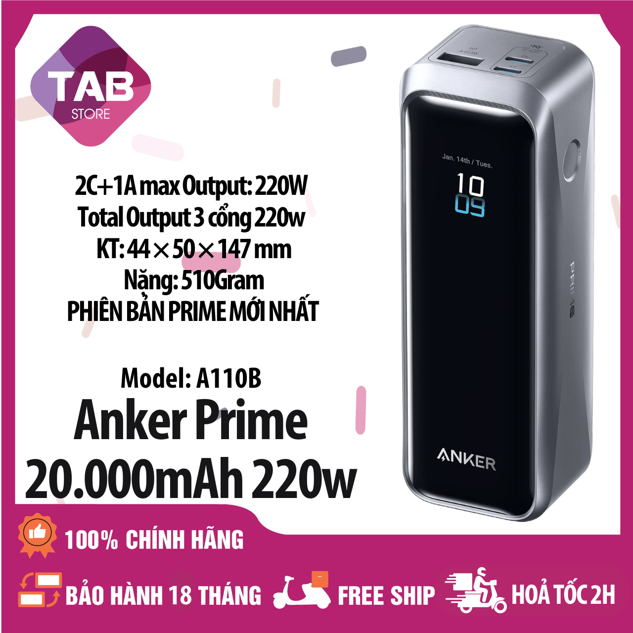 Anker Prime 20000mAh 220w 3 Cổng 2C+1A Có App A110B - Bảo Hành 18 Tháng - A110B VN