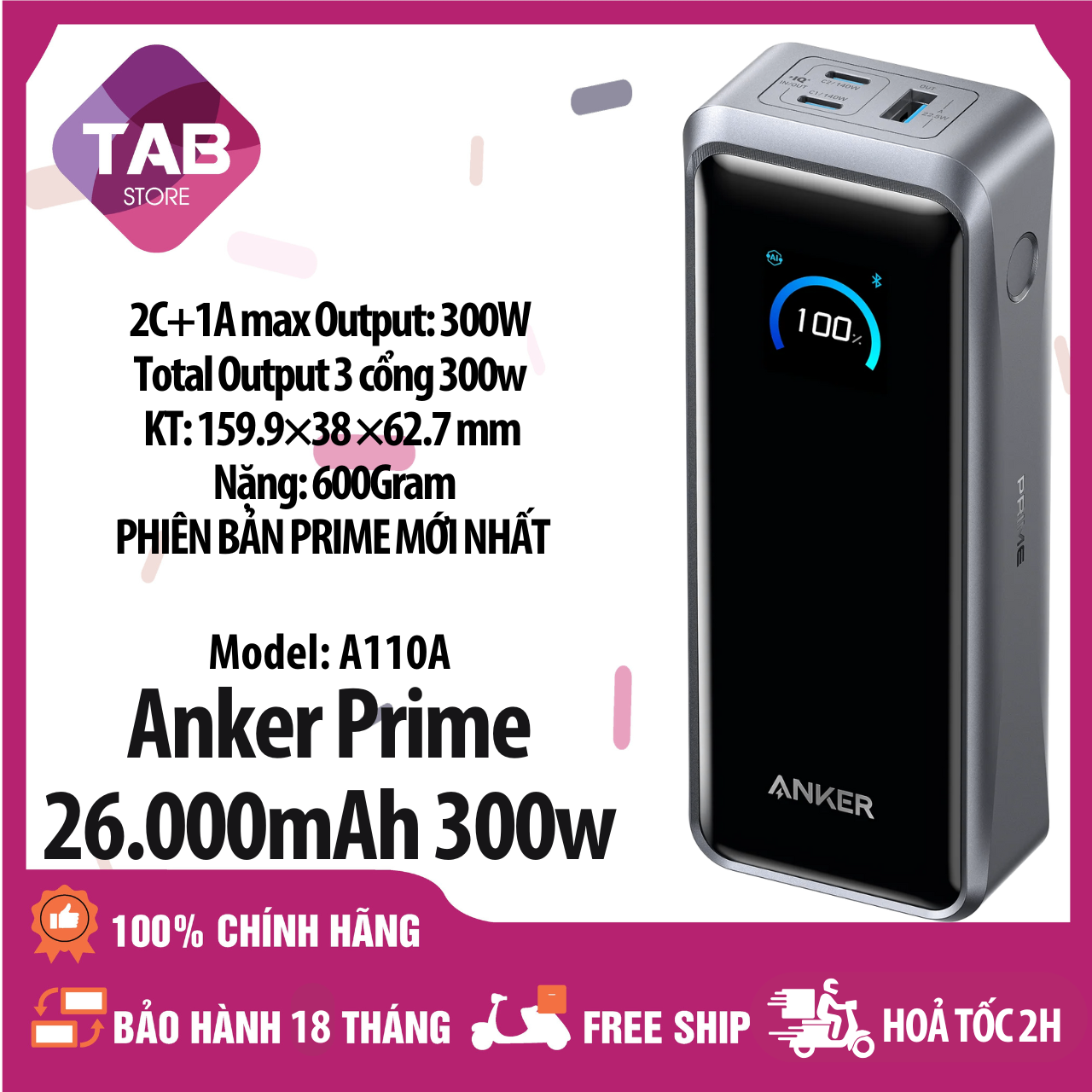 Anker Prime 26000mAh 300w 3 Cổng 2C+1A Có App A110A - Bảo Hành 18 Tháng - A110A VN