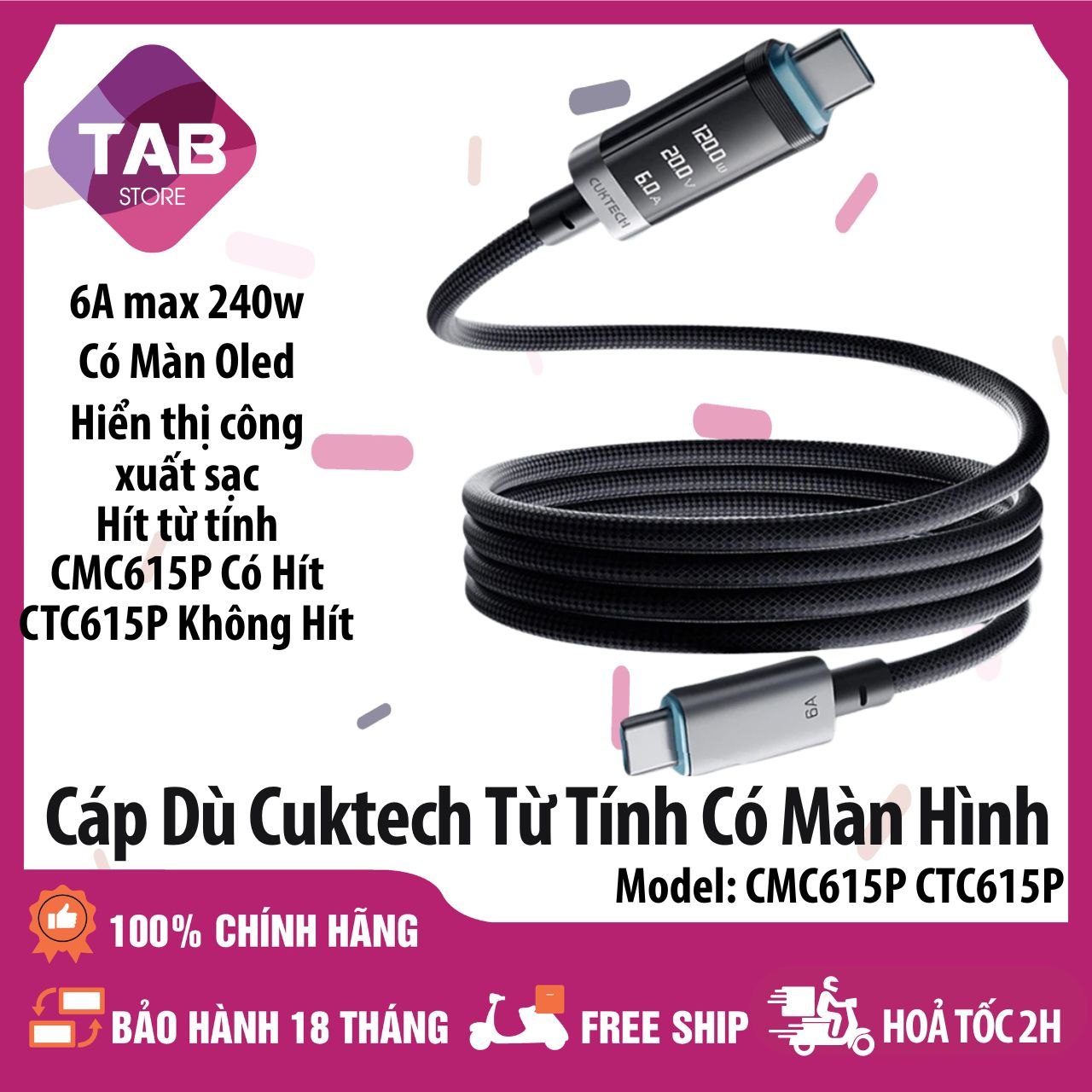 Cáp Dù Cuktech Hít Từ Tính C To C 6A 240w Hỗ Trợ Mi Turbro Có Màn Hình CMC615P CTC615P - Bảo Hành 18 Tháng