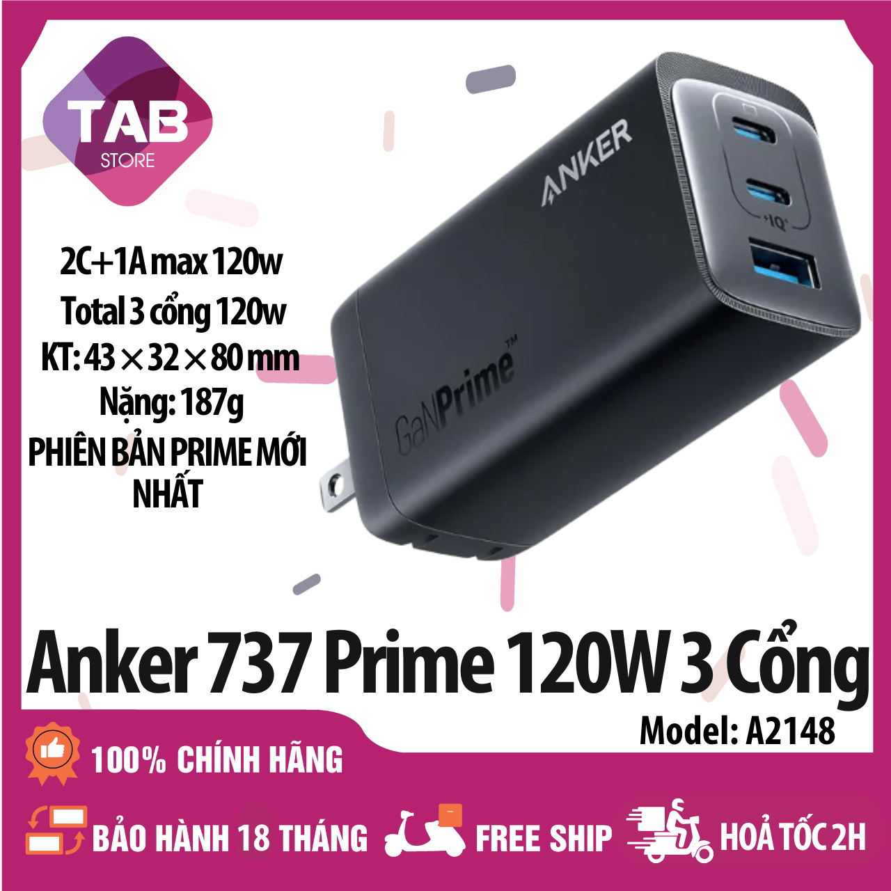 Sạc Anker 737 120w [Gan Prime] IQ4.0 2C+1A - A2148 (Bảo Hành 18 Tháng)