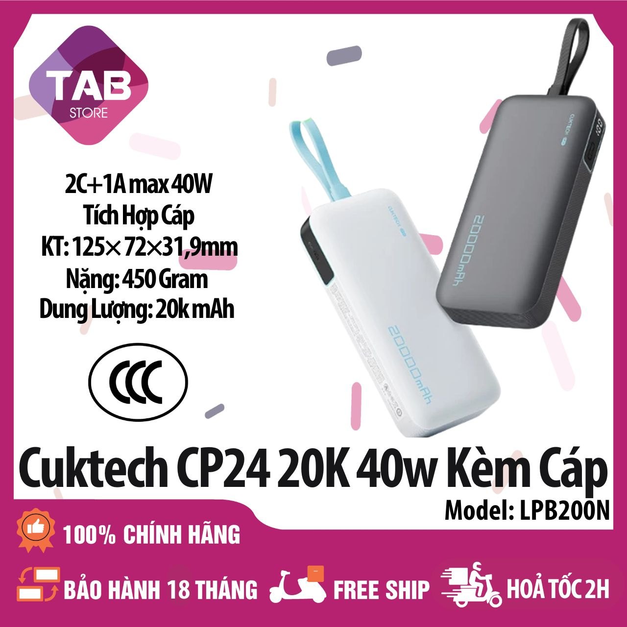 Sạc Cuktech CP24 20KmAh 40w 2C+1A Cáp Tích Hợp LPB200N - Bảo Hành 18 Tháng
