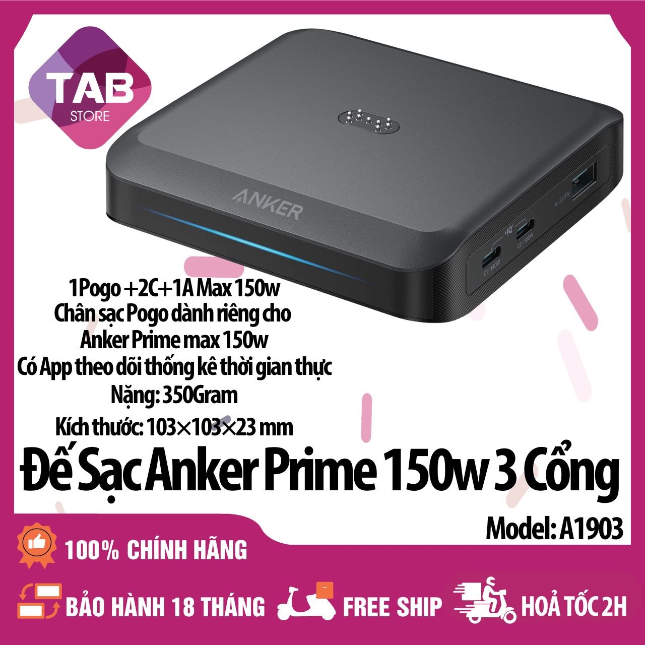 Đế sạc Anker Prime 150W 3 Cổng 2C+1A+1 Pogo A1903 - Bảo Hành 18 Tháng