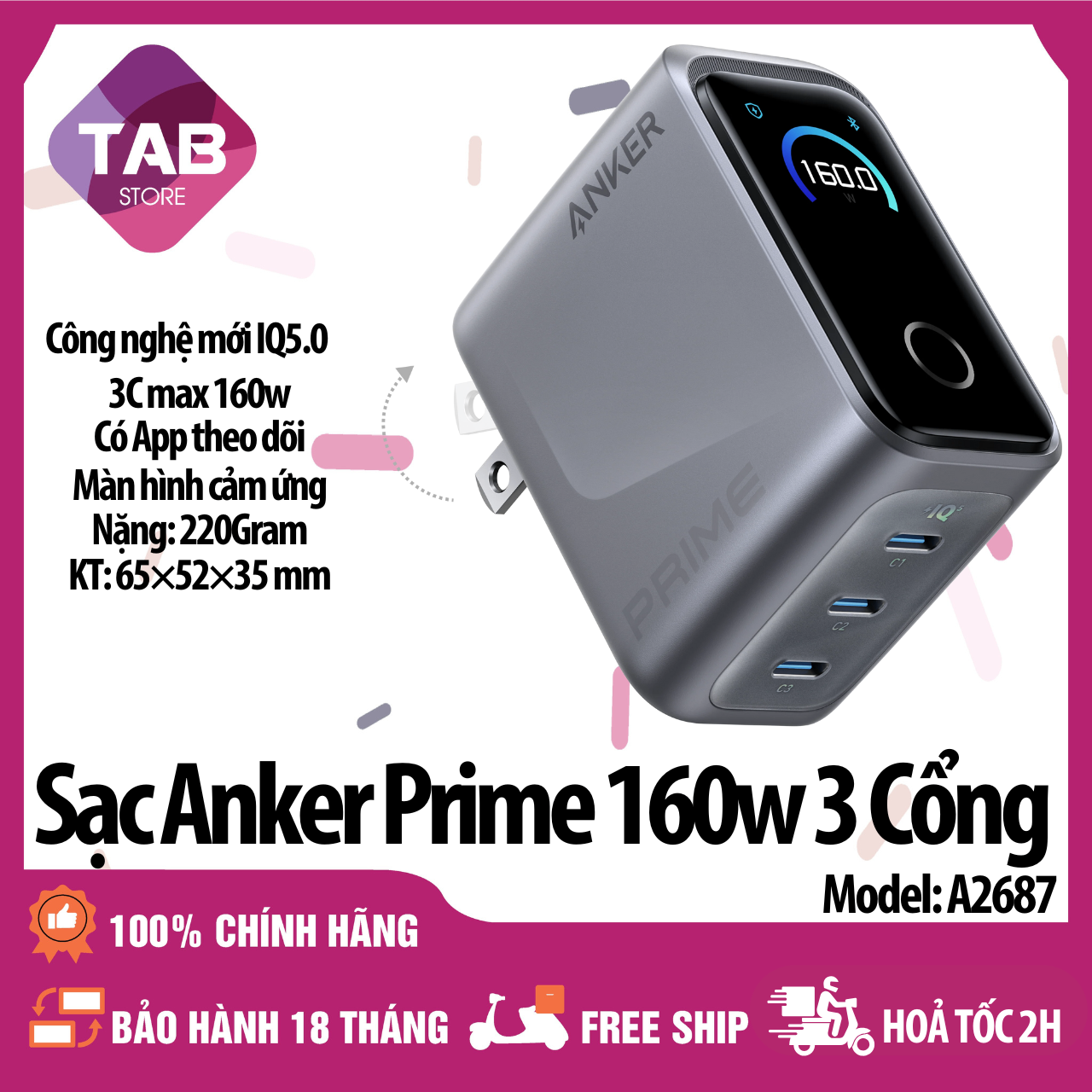 Sạc Anker Prime 160w 3 Cổng GaNPrime Có App Màn Cảm Ứng A2687 - Bảo Hành 18 Tháng