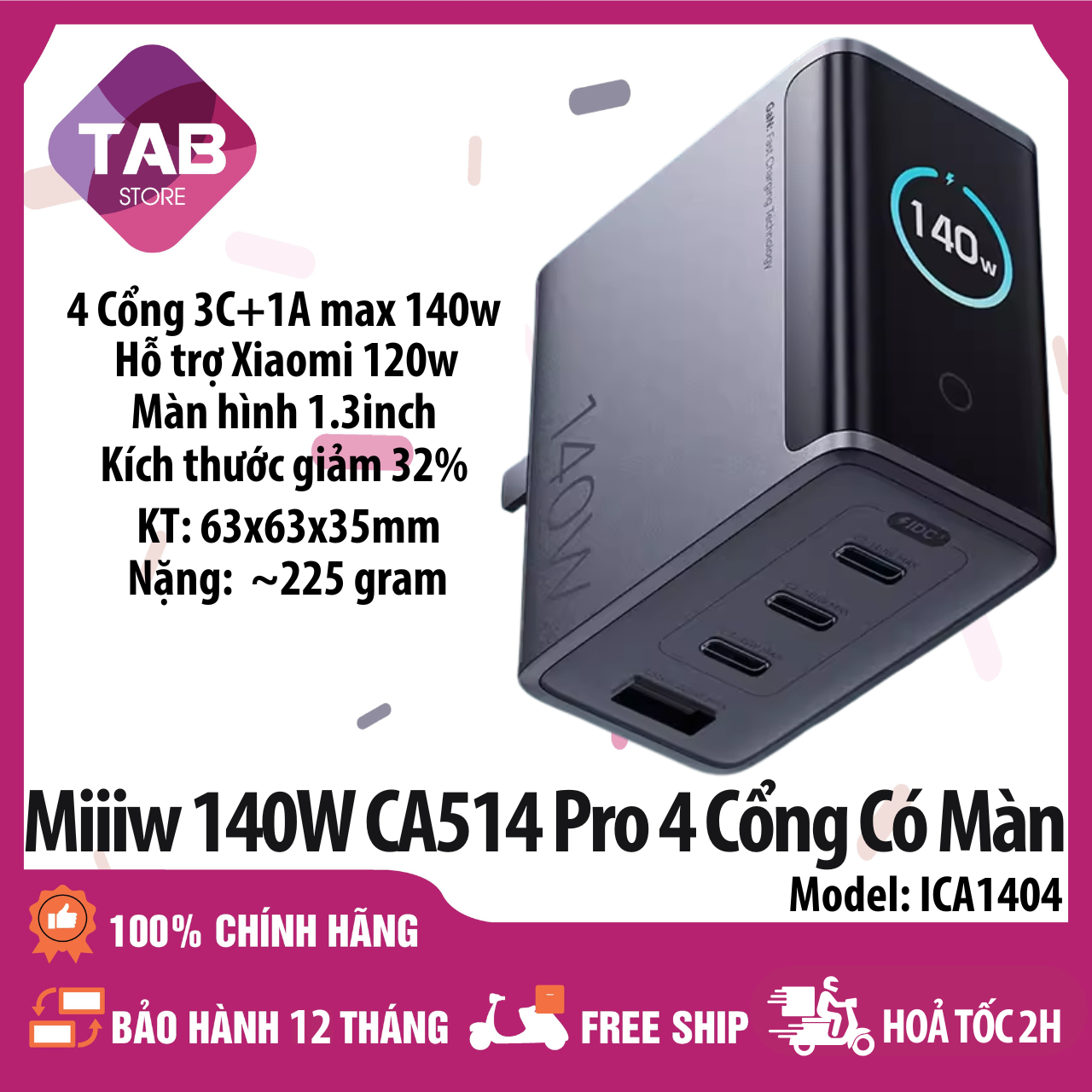 Sạc MiiiW CA514 Pro 140W 4 Cổng 3C+1A Có Màn Hình PD3.1 PPS QC UFCS Miturbro120W ICA1404 - Bảo Hành 12 Tháng - Đen