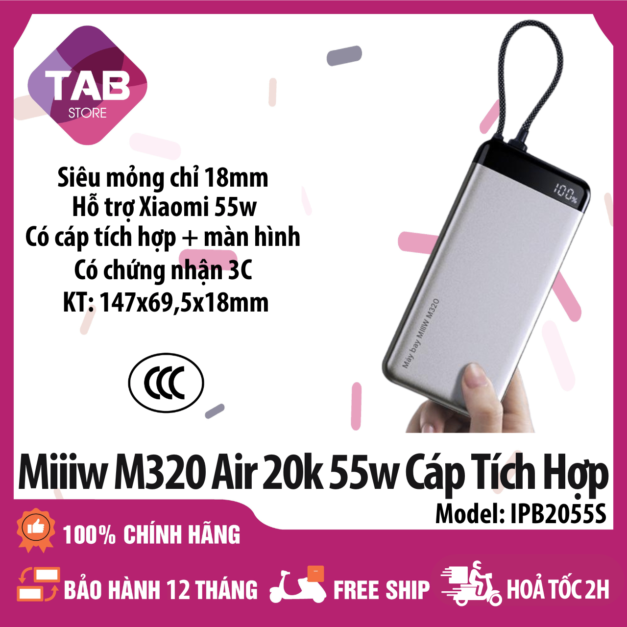 Sạc MiiiW M320 Air 20000mAh 55W 3 Cổng Cáp Tích Hợp IPB2055S - Bảo Hành 12 Tháng