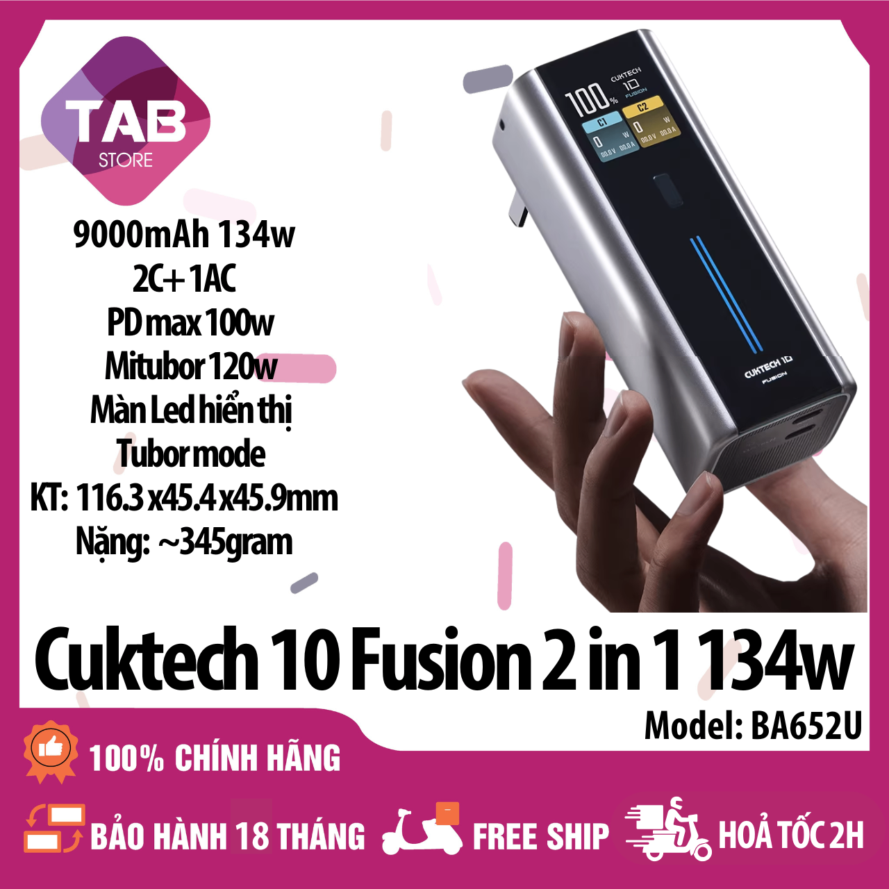 Sạc Cuktech 10 Fusion 2 in 1 134W Max, 2 C PD/PPS/QC/UFCS/MiTurbo 120W BA652U - Bảo Hành 18 Tháng - BA652U Xám