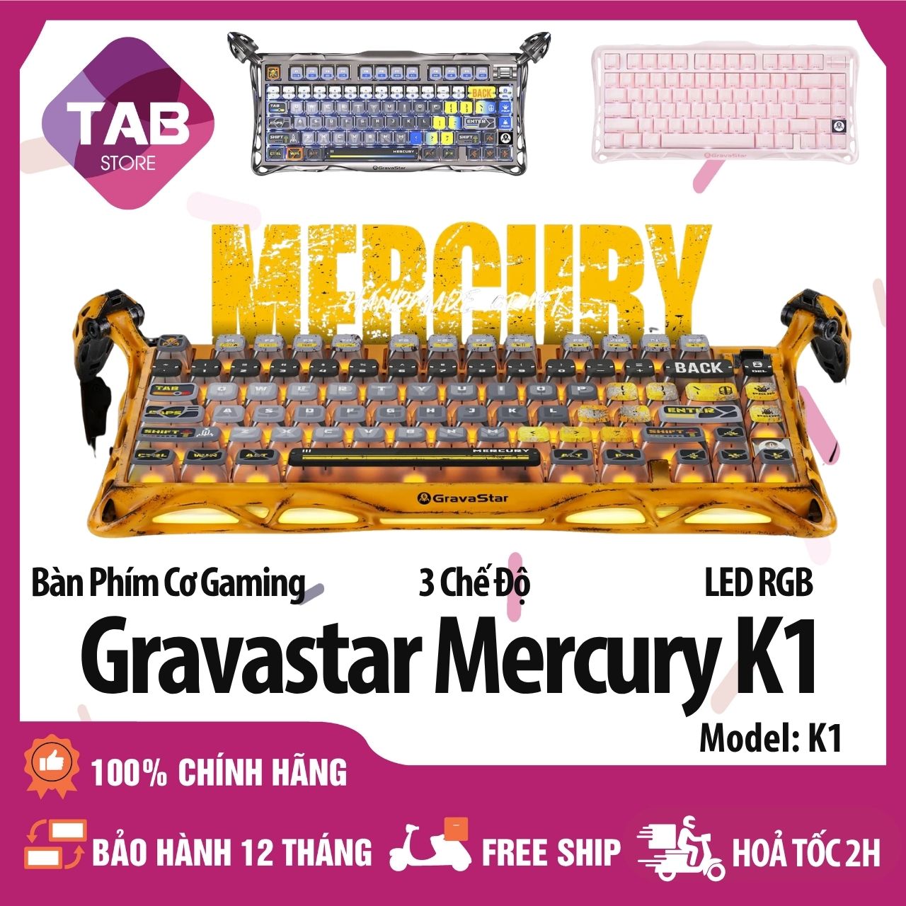 Bàn Phím Cơ GravaStar Mercury K1 LED RGB, Kết Nối Không Dây Chính Hãng - Bảo Hành 12 Tháng