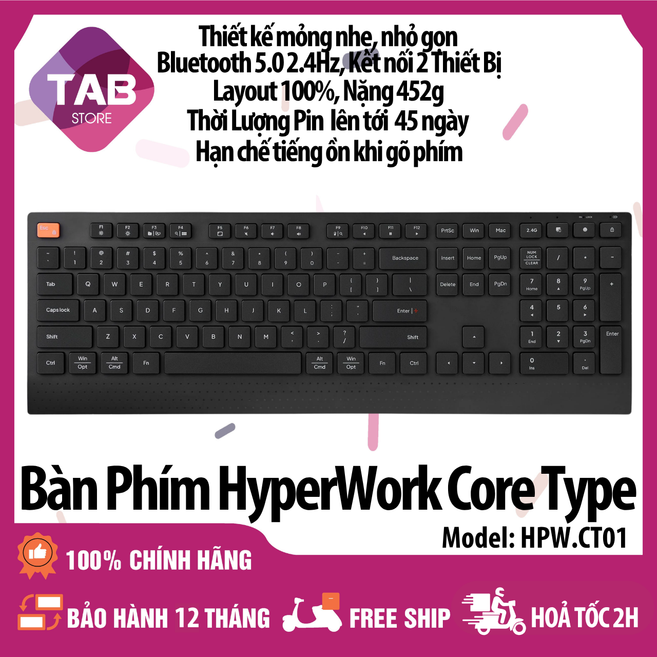 Bàn Phím Không Dây HyperWork Core Type, Full Size Pin 500mAh - Bảo Hành 12 Tháng - Đen