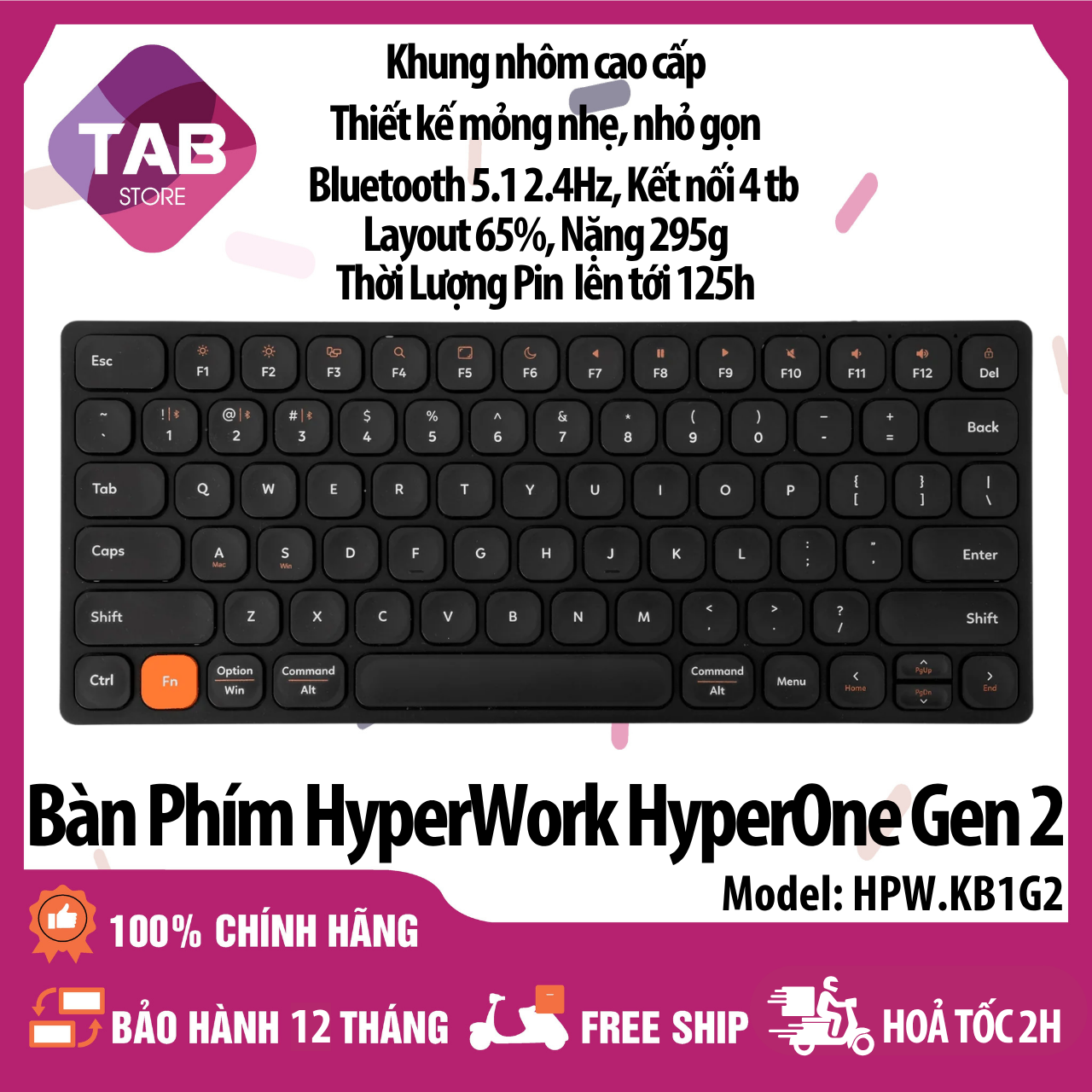 Bàn Phím Không Dây HyperWork HyperOne Gen 2 - Bảo Hành 12 Tháng - Gen 2 Đen